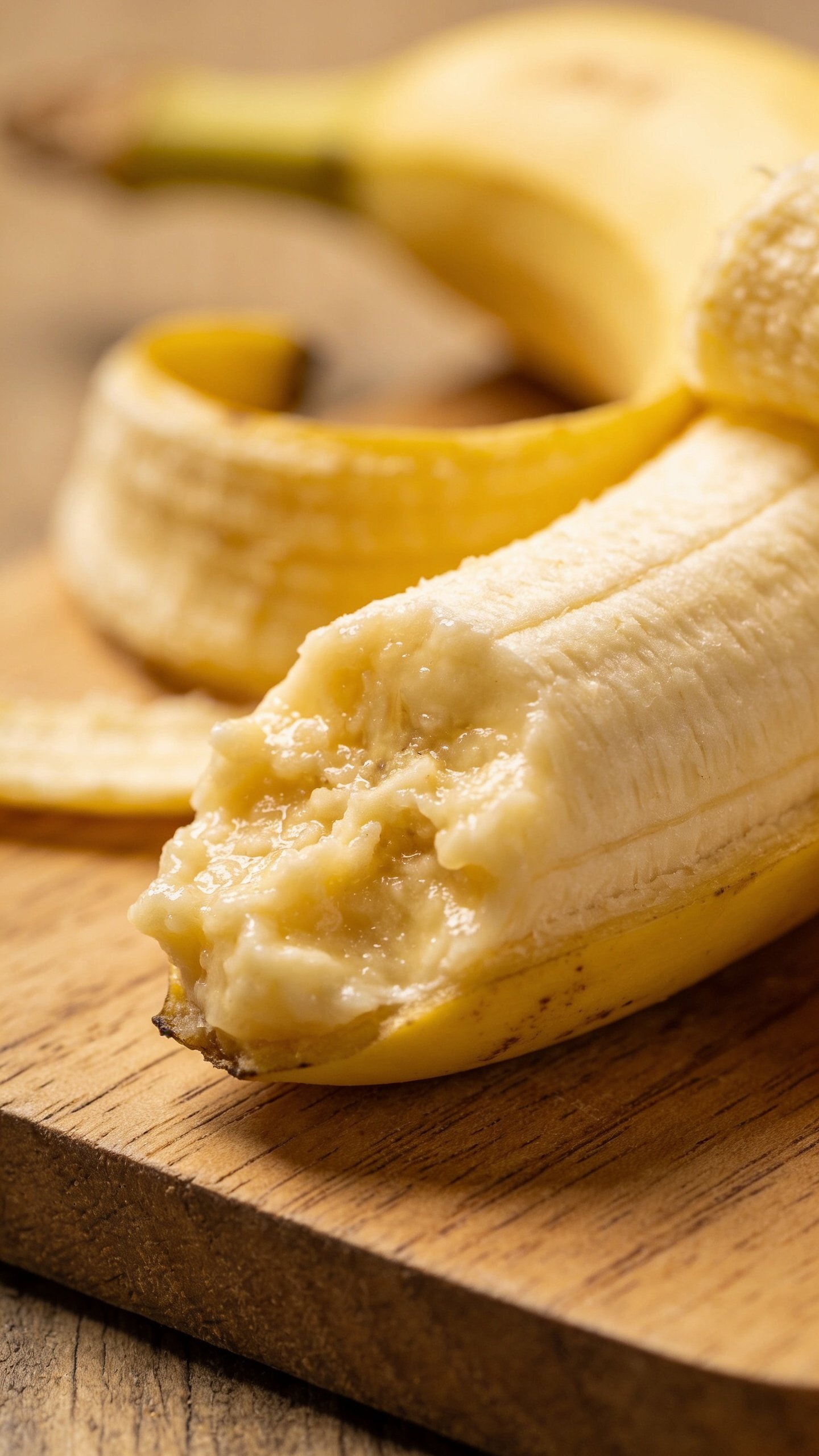 closeup of ripe banana with mashed texture on wooden board