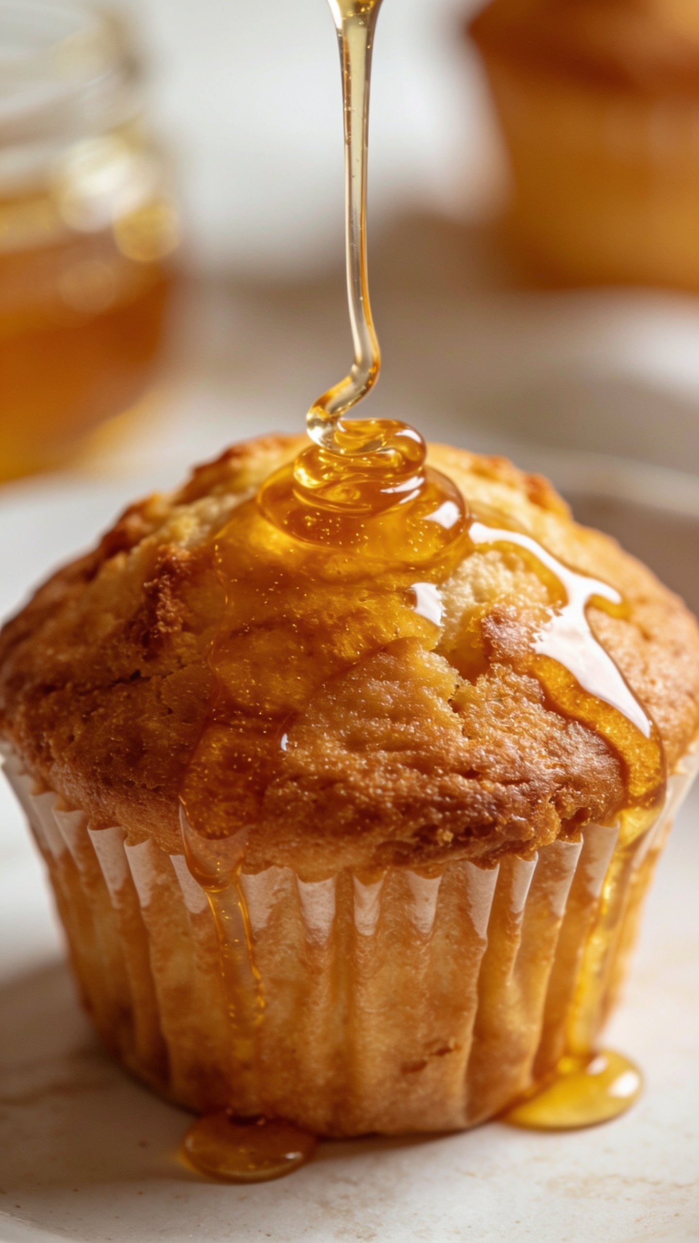 closeup of a single muffin topped with a drizzle of honey in natural light