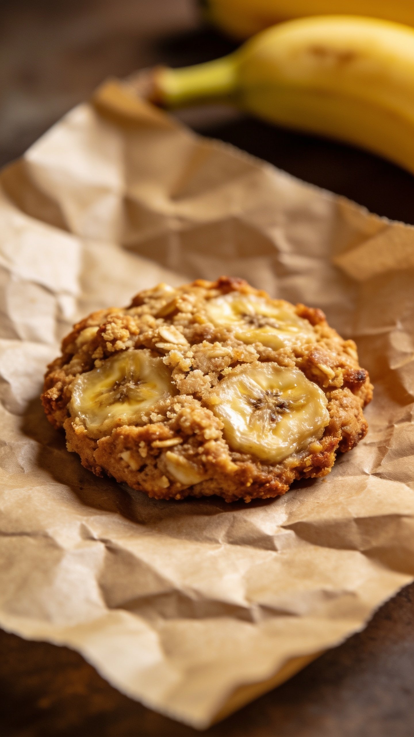 Closeup of a single banana breakfast cookie on parchment