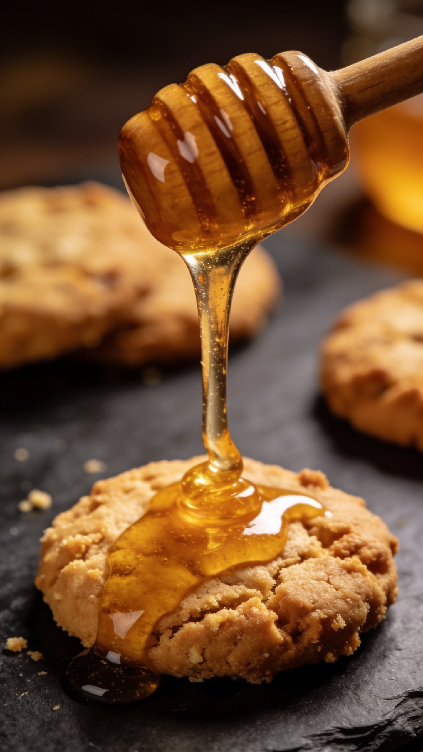 Closeup of a single honey drizzle over one cookie on dark slate background