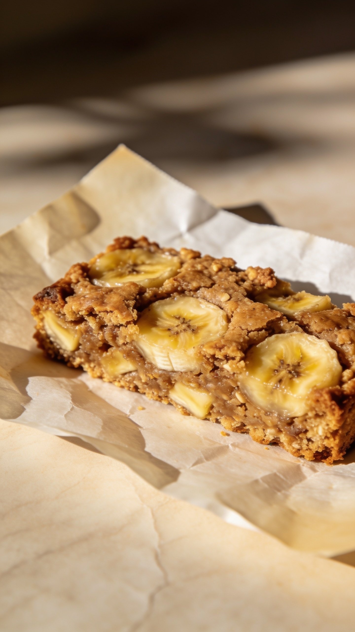 Closeup banana breakfast bar on parchment, natural light