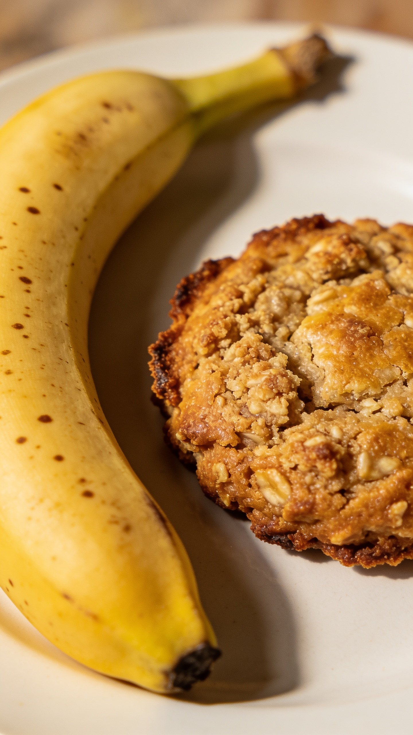 Closeup of a ripe banana beside a single cookie on white plate