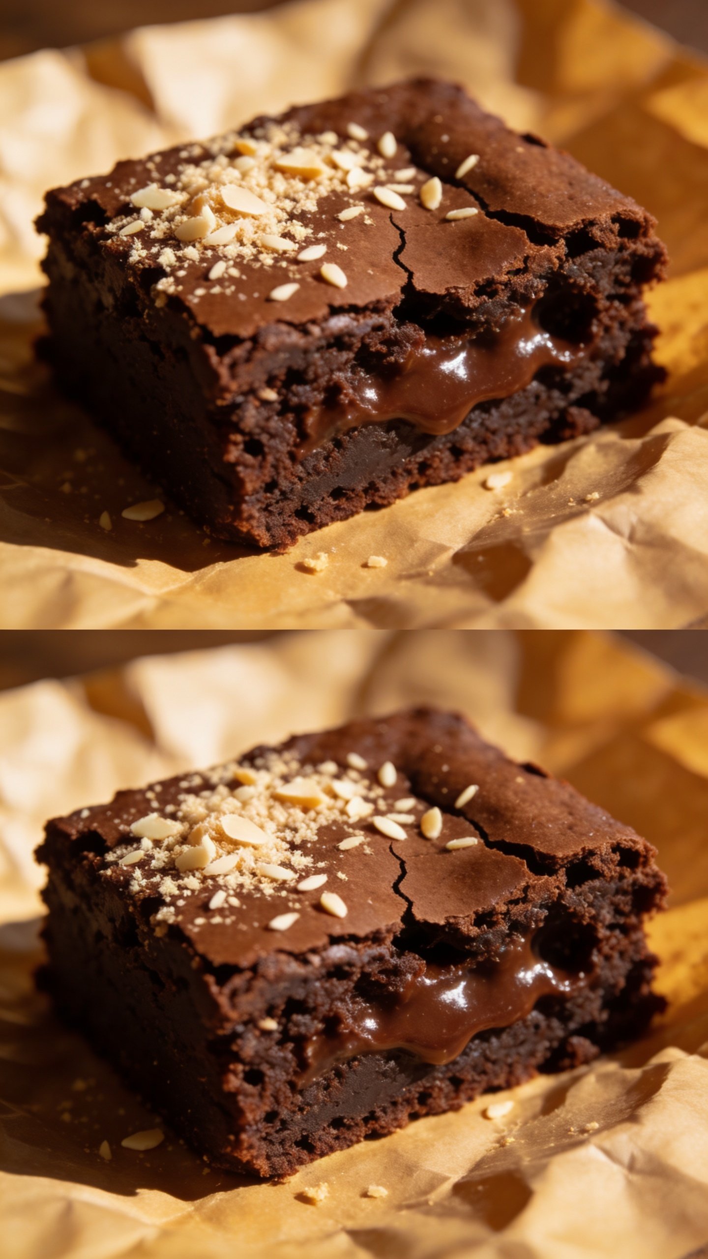 Closeup of fudgy brownie topped with almond dusting on parchment