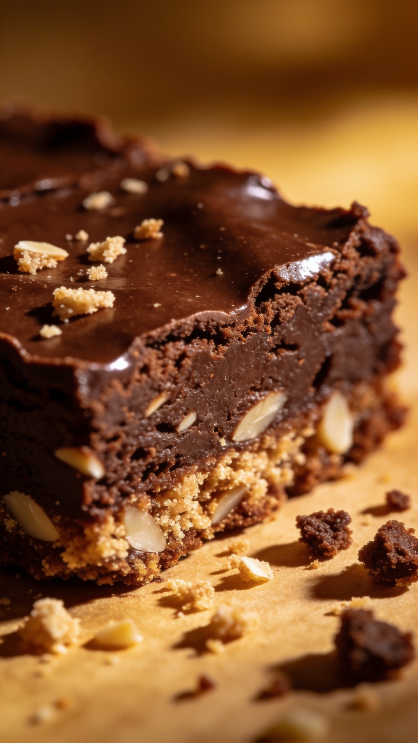 Closeup of glossy chocolate brownie slice with almond flour crumb texture