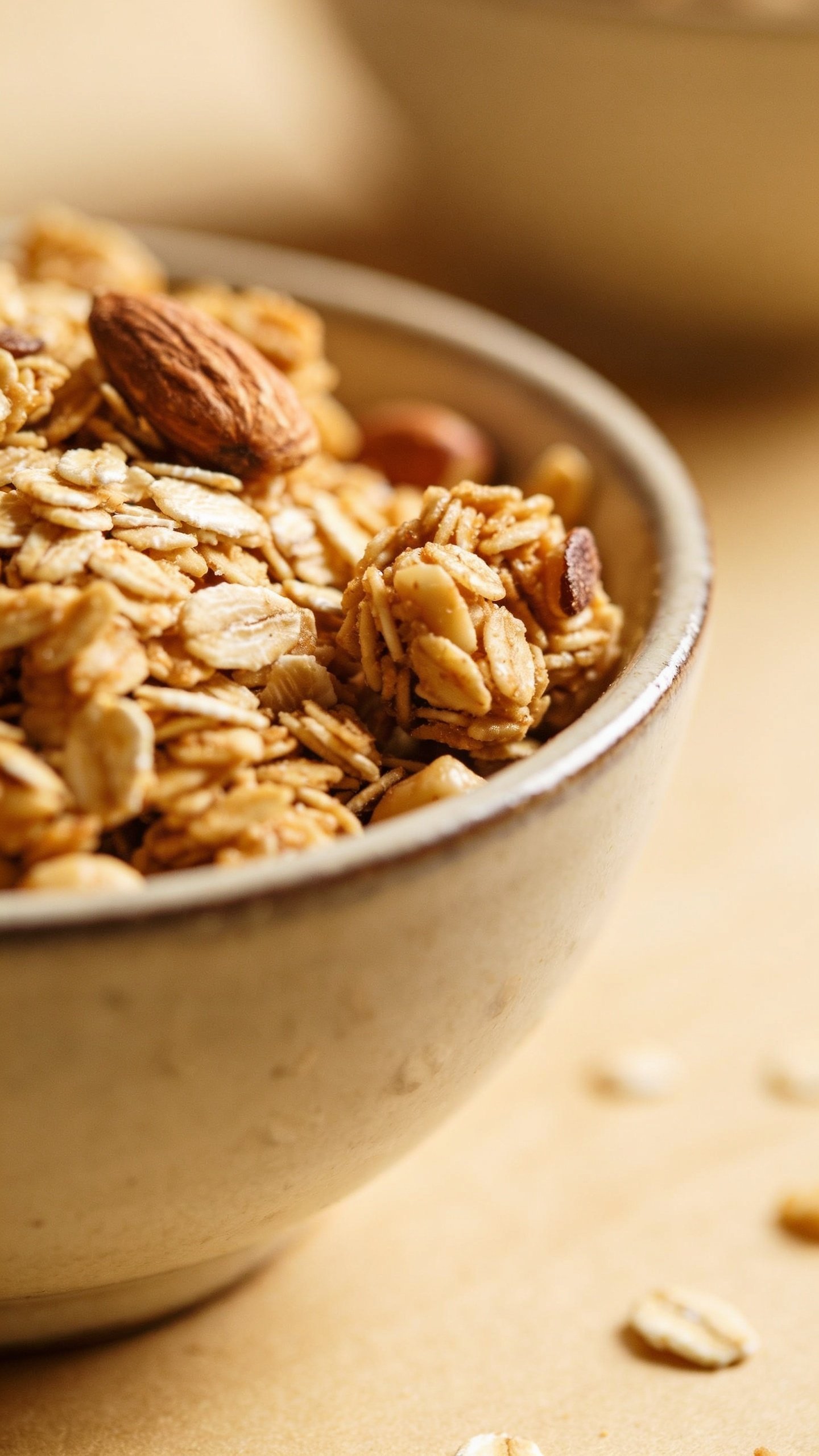 Closeup of a single bowl of granola, oats and nuts in focus