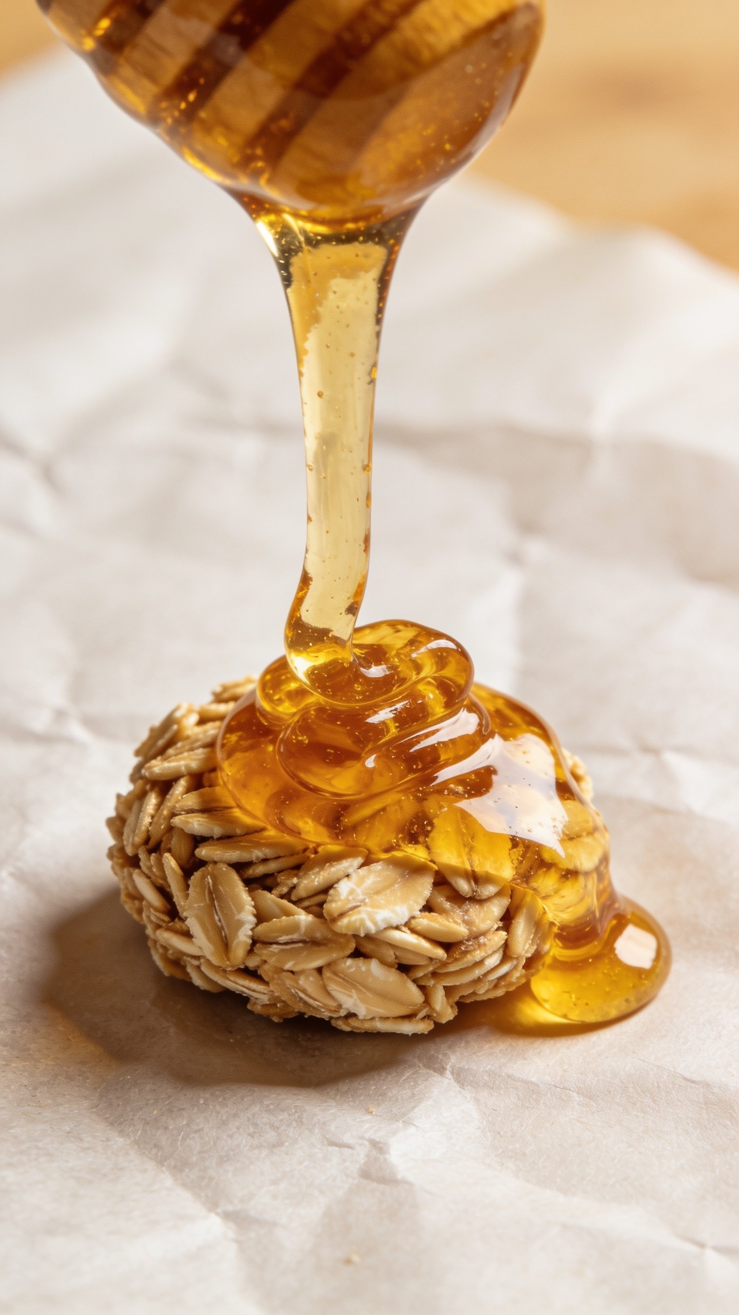 Closeup of honey drizzle over a single oats cluster on parchment