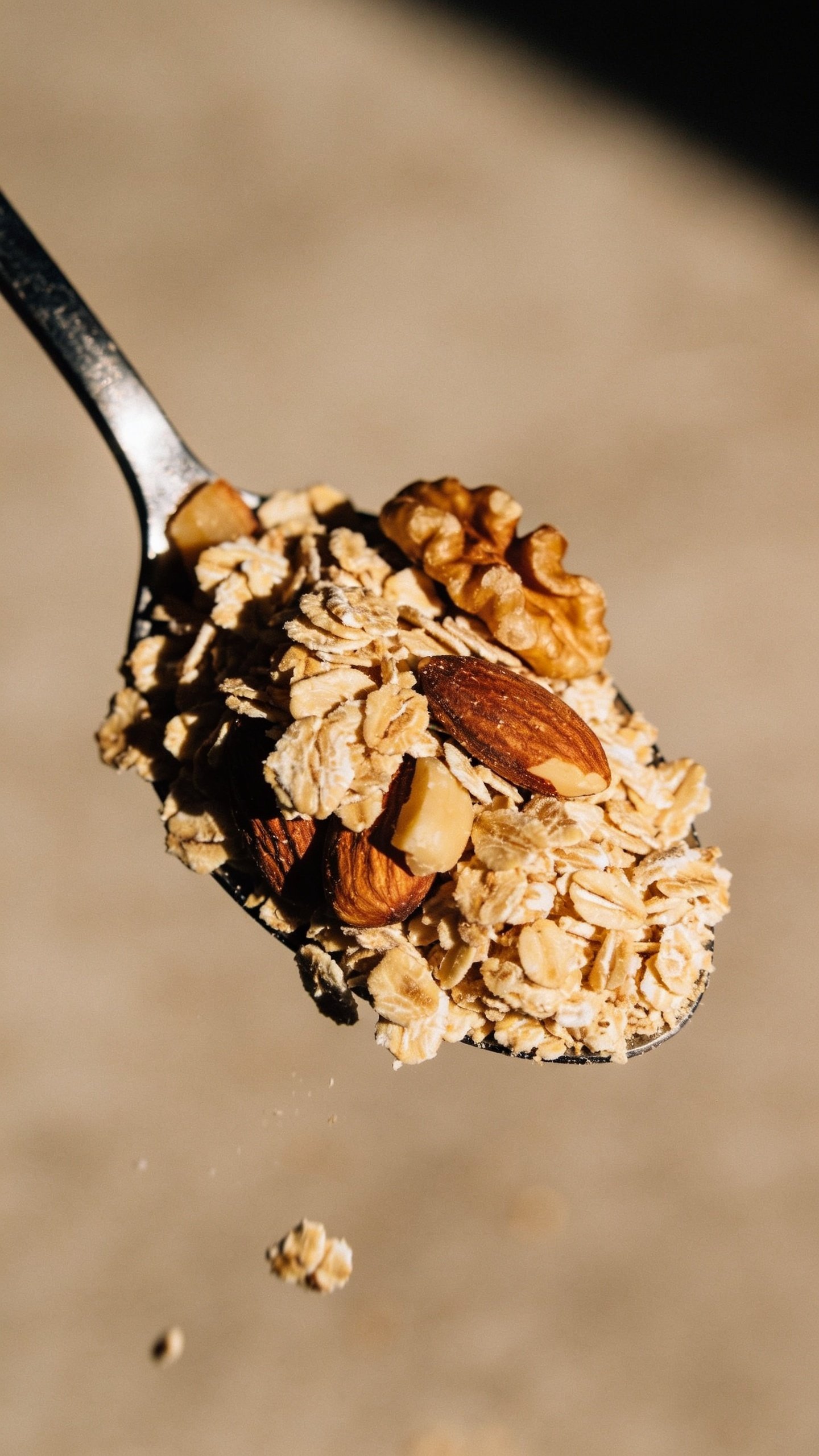 Closeup of a single spoonful of granola with visible oats and nuts