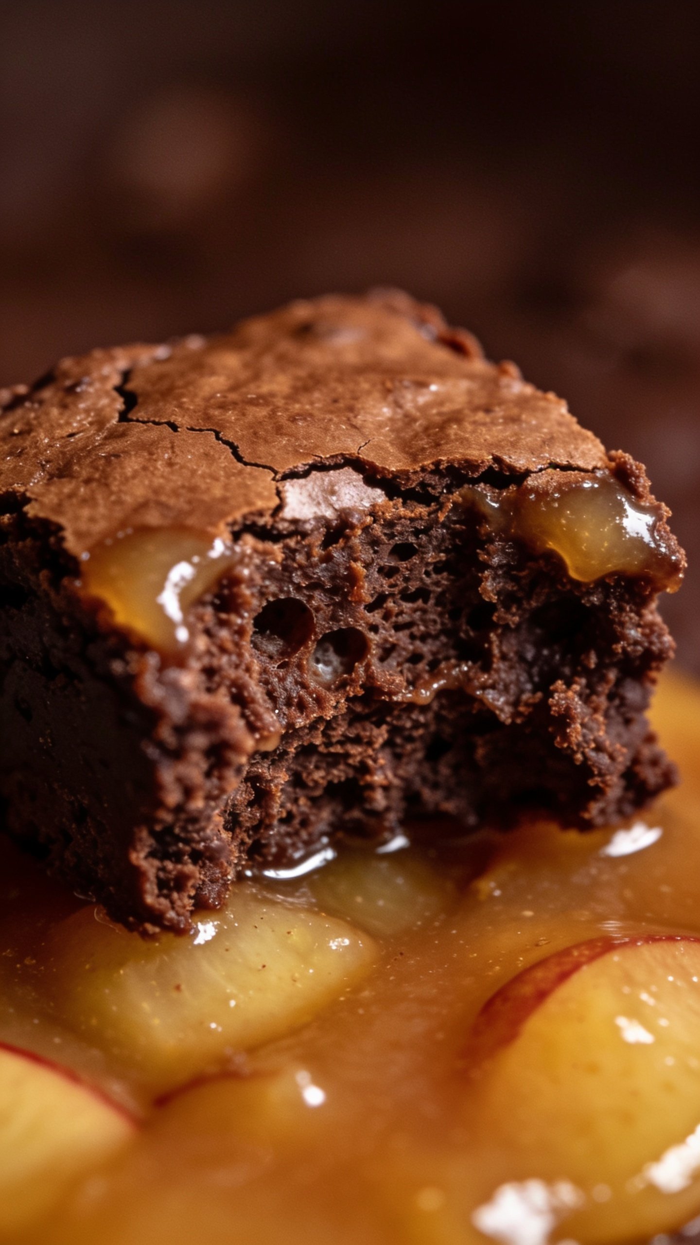 Closeup of brownie bite with moist interior and applesauce sheen