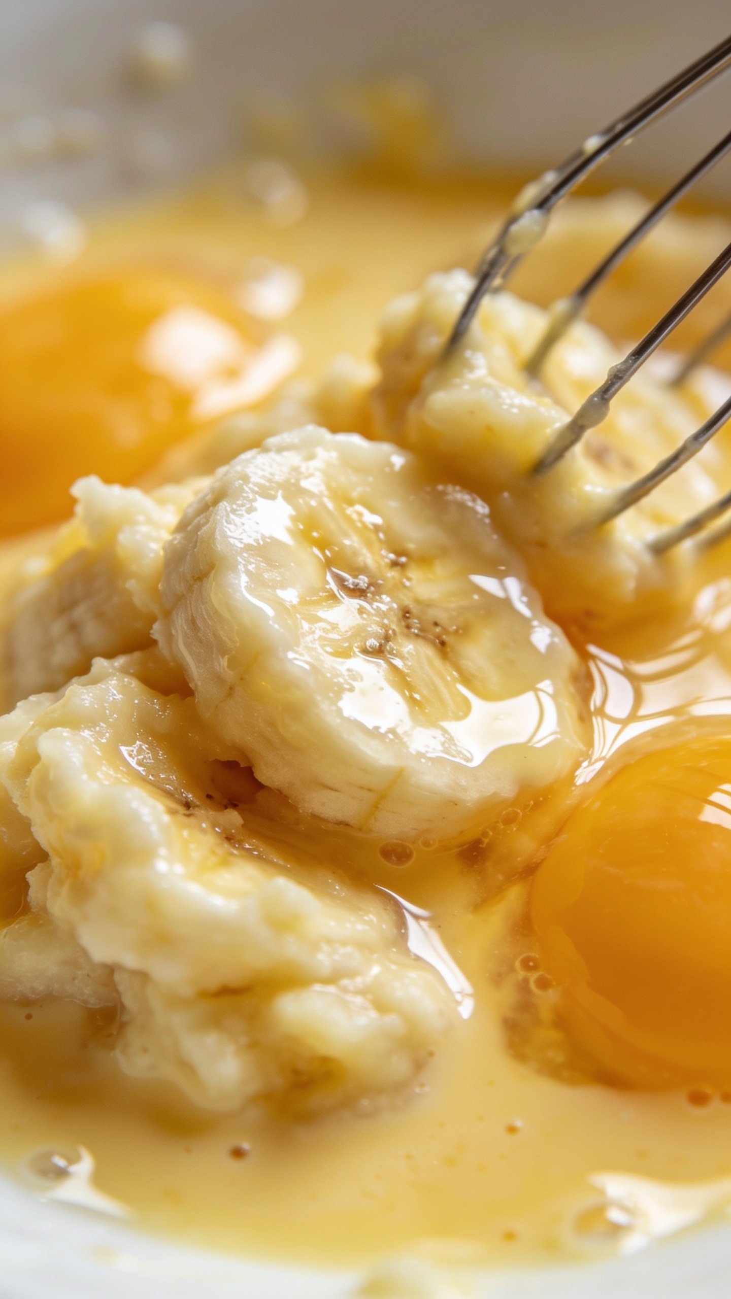 Close-up of mashed banana with whisked eggs glossy batter