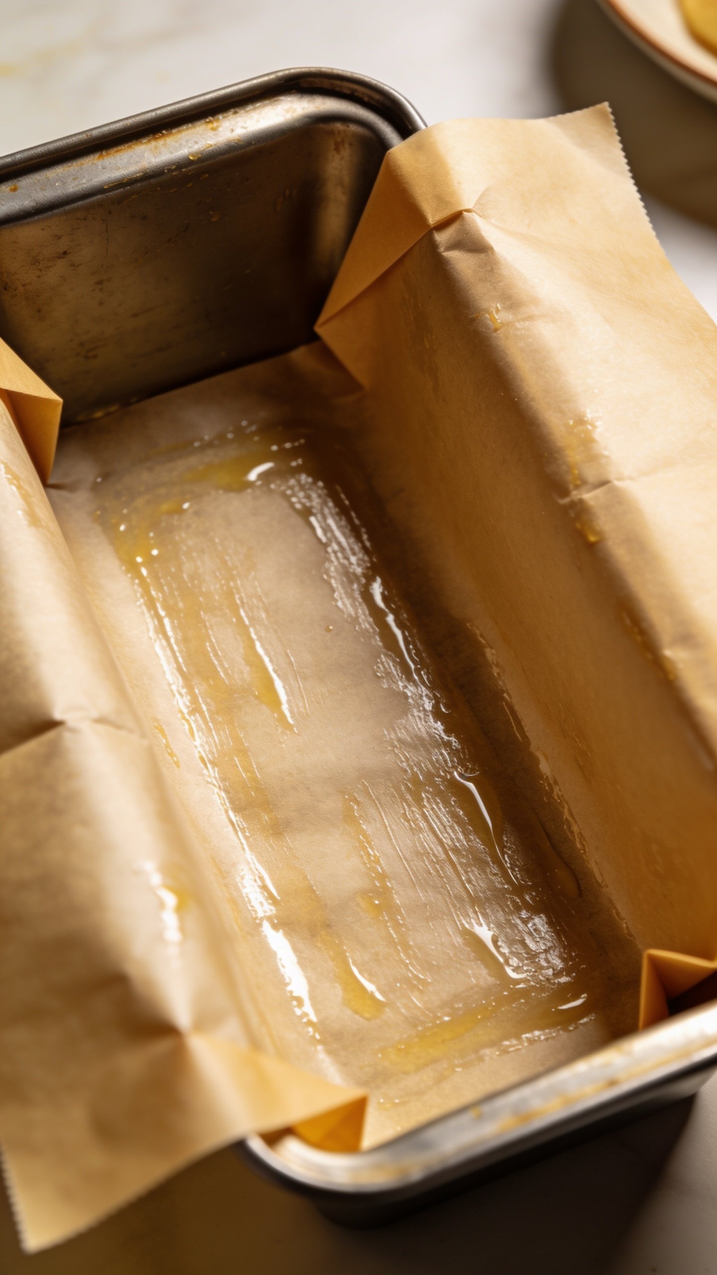 Close-up of greased loaf pan with parchment for baking banana bread