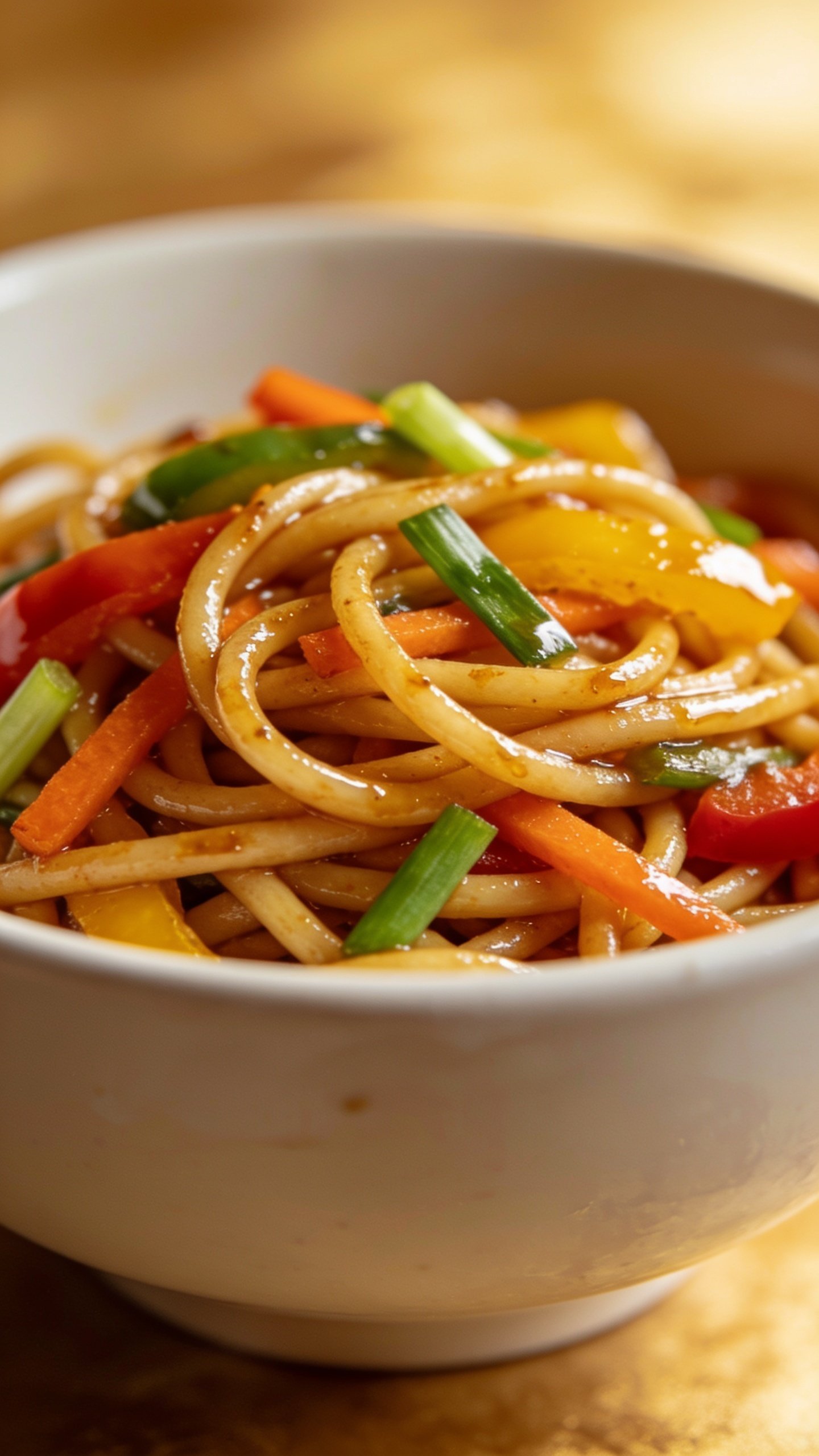 Closeup of glossy veggie lo mein noodles in a white bowl