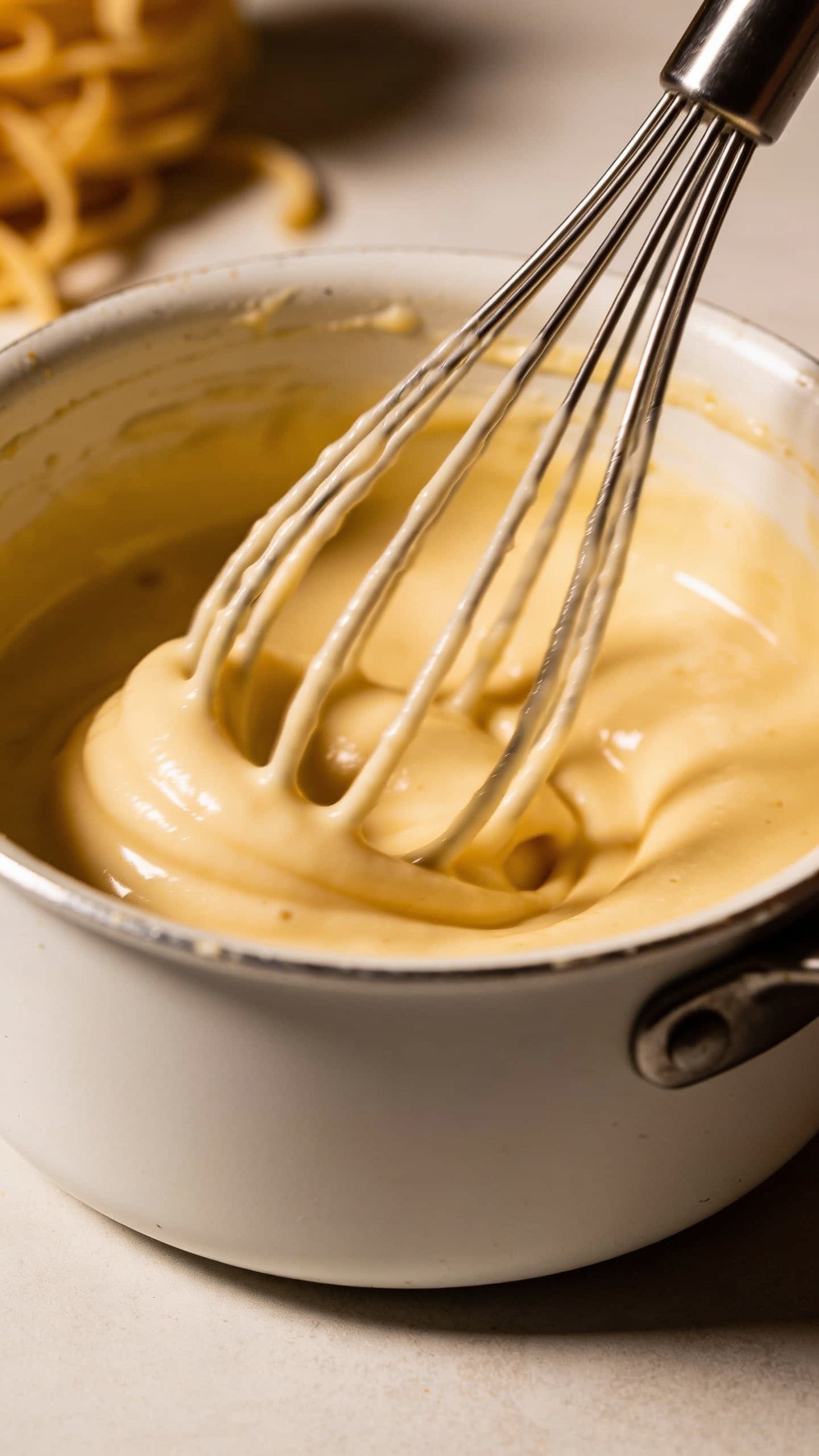 Close-up of creamy Alfredo sauce being whisked in a small white pan