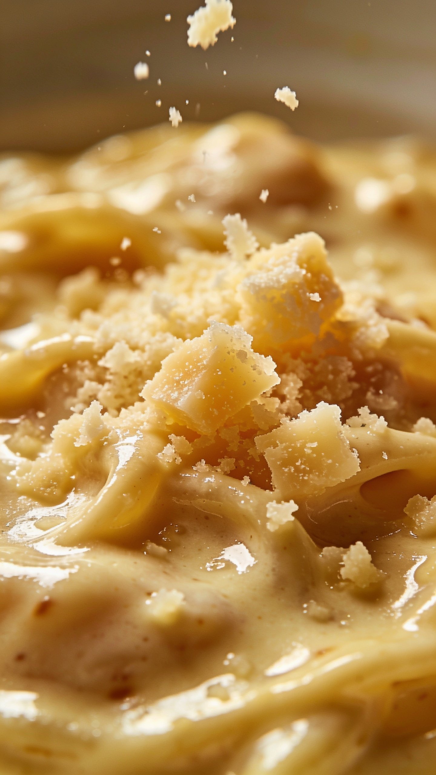 Close-up of grated Parmesan atop a glossy Alfredo sauce surface
