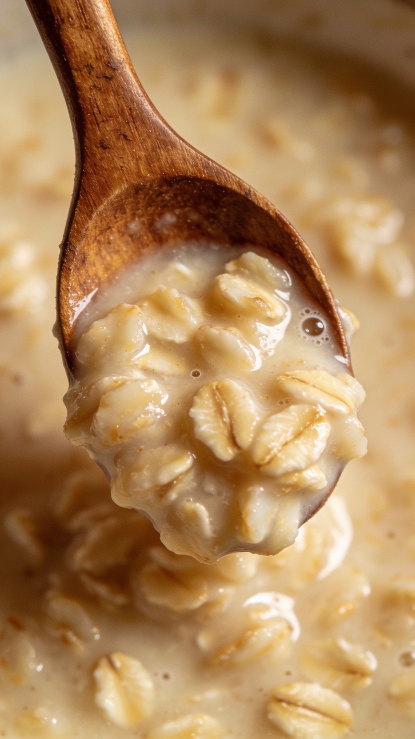 closeup of a single wooden spoon scooping thick vanilla overnight oats