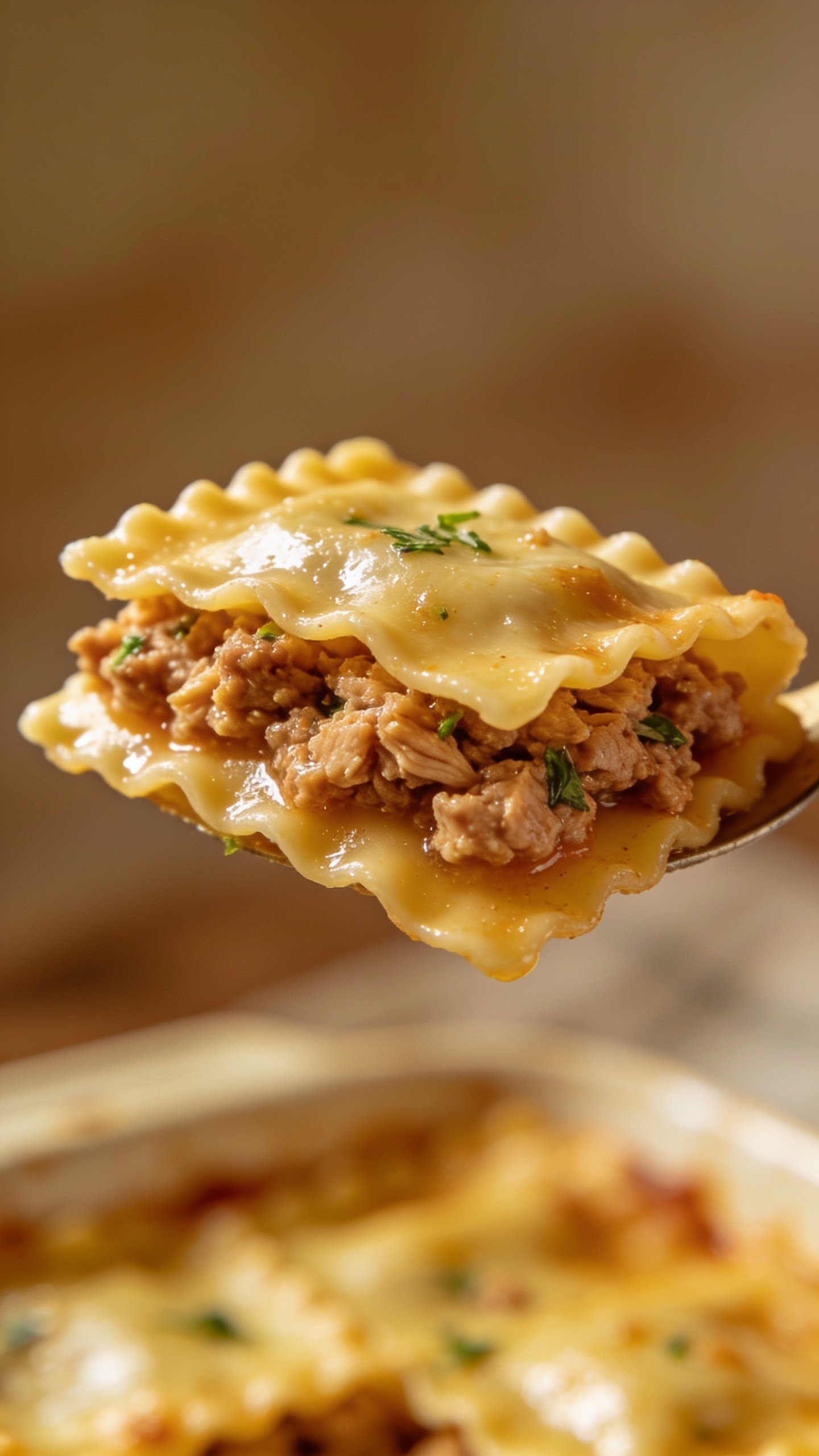 Closeup of a single lasagna noodle layered with turkey filling