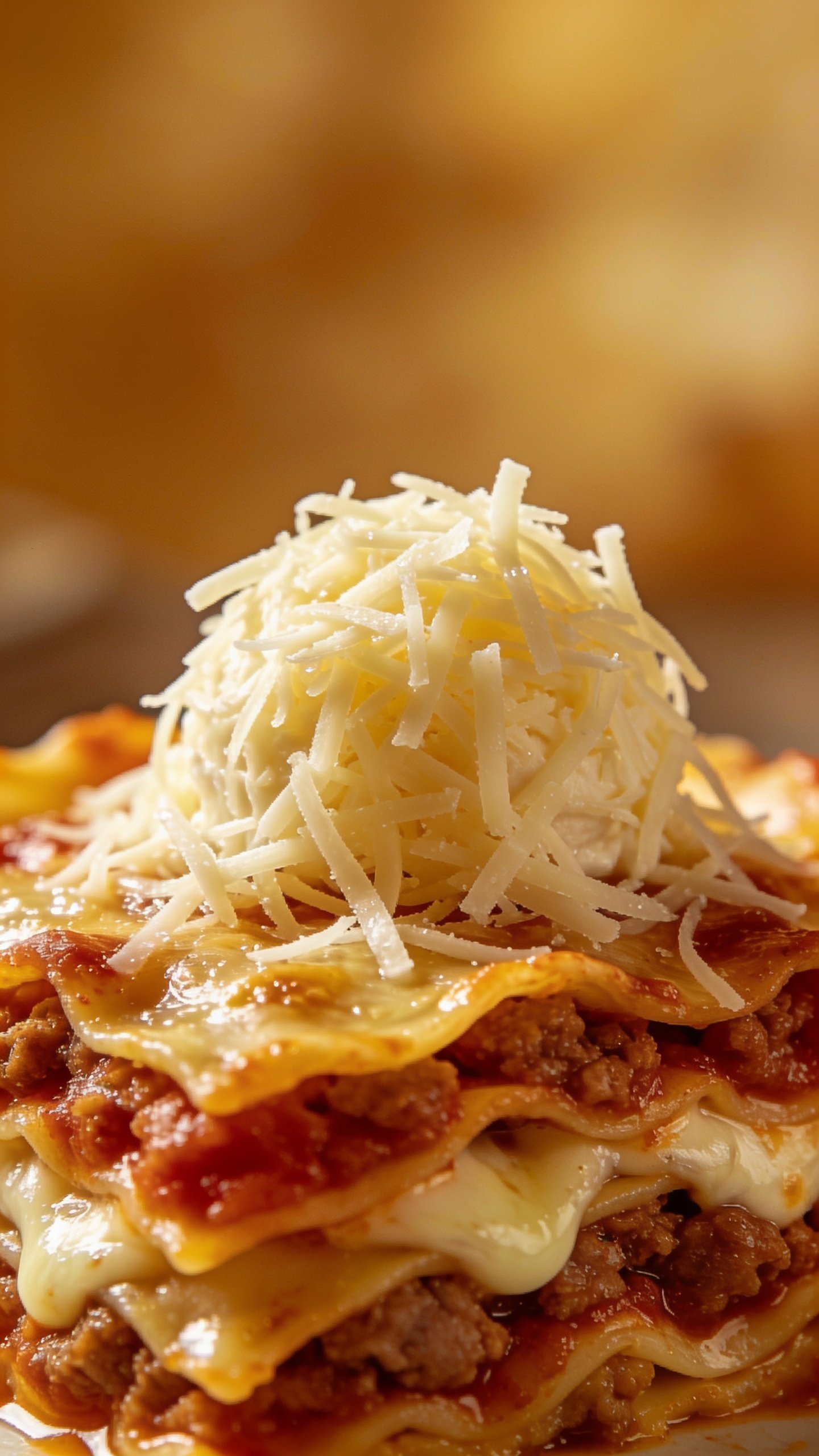 Closeup of a single shredded mozzarella mound atop a lasagna slice