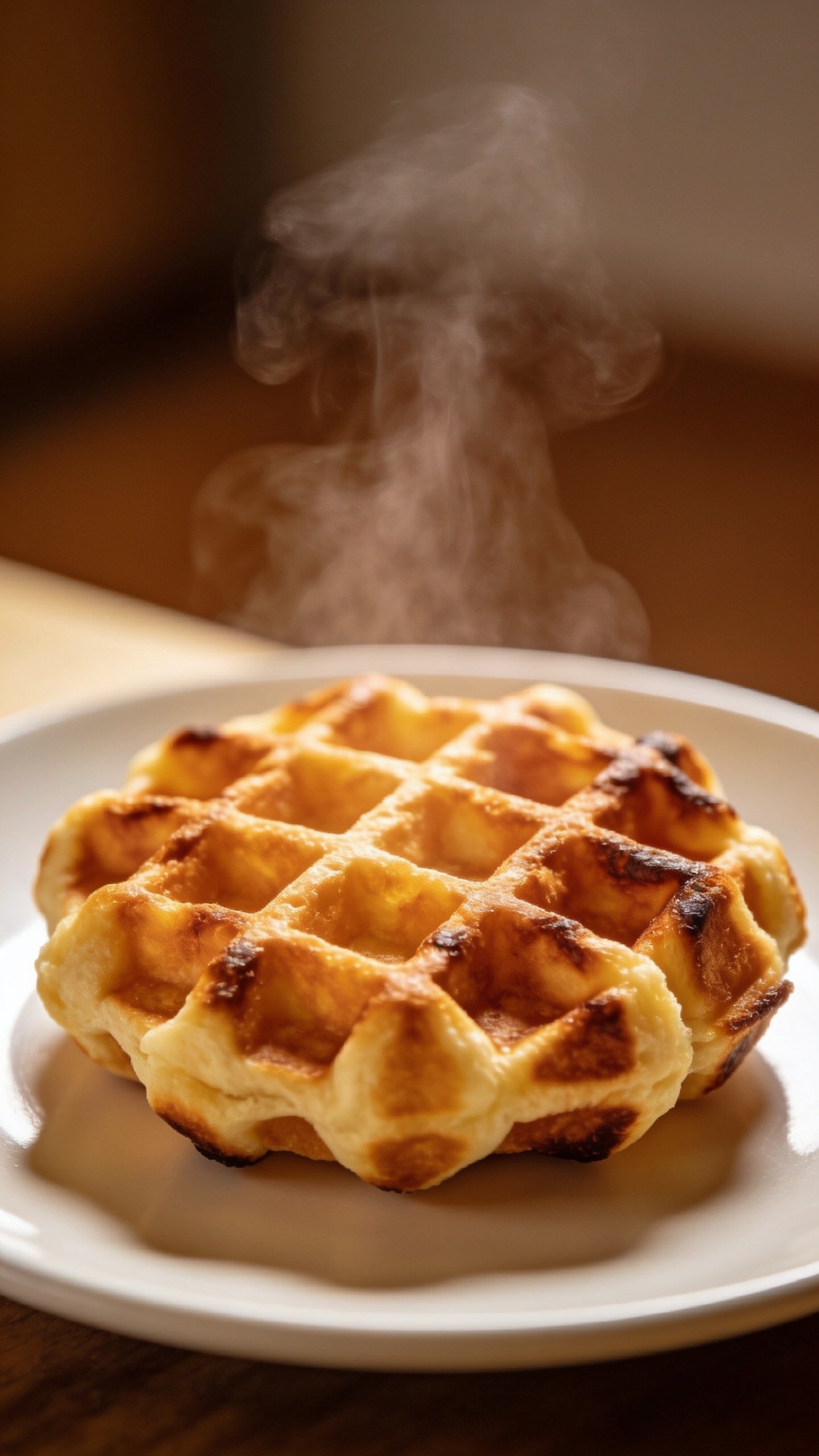 closeup of fluffy waffle with crisp edges on a white plate