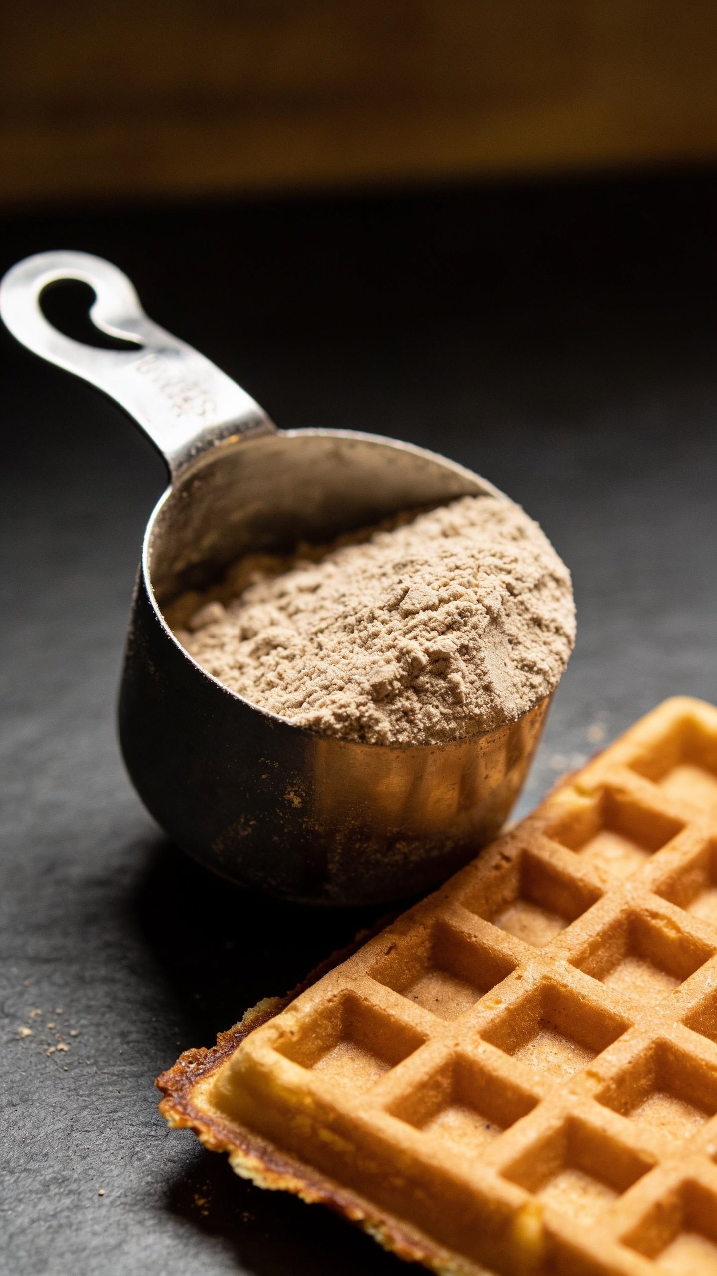 closeup of protein powder scoop beside waffle square on dark surface