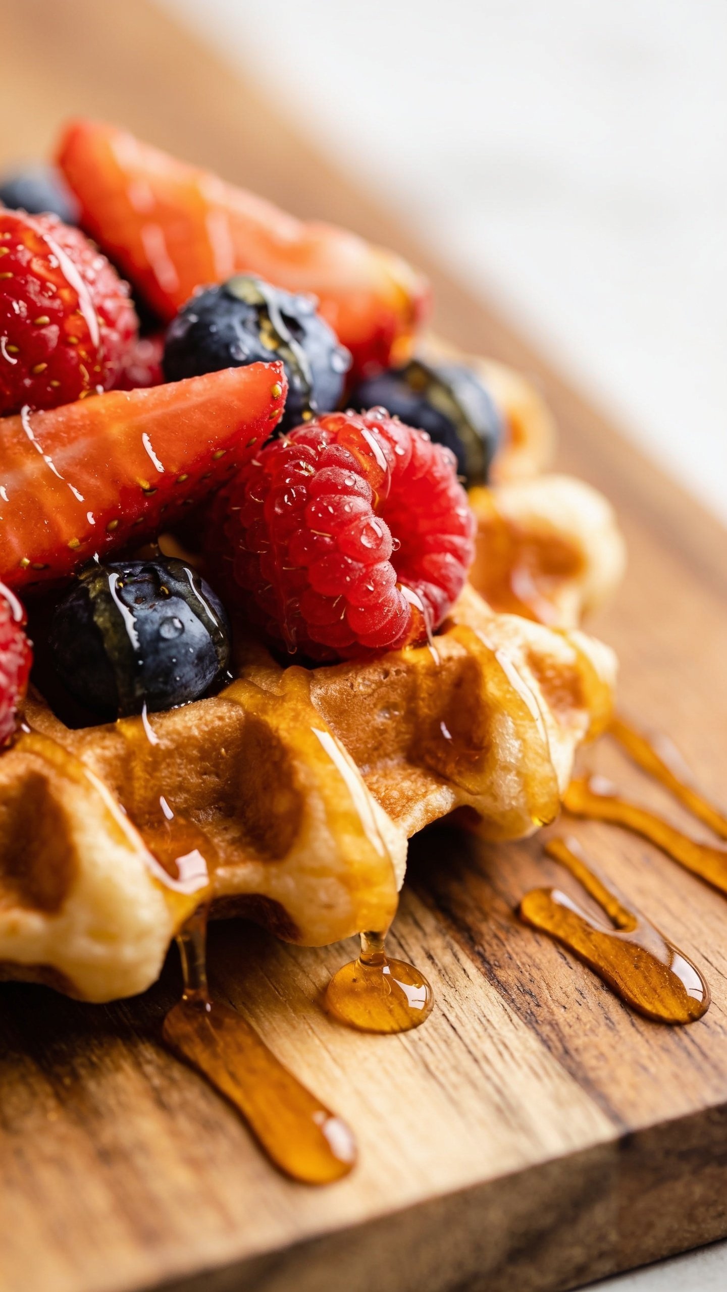 closeup of fresh berries and maple drizzle atop waffle half on wood board