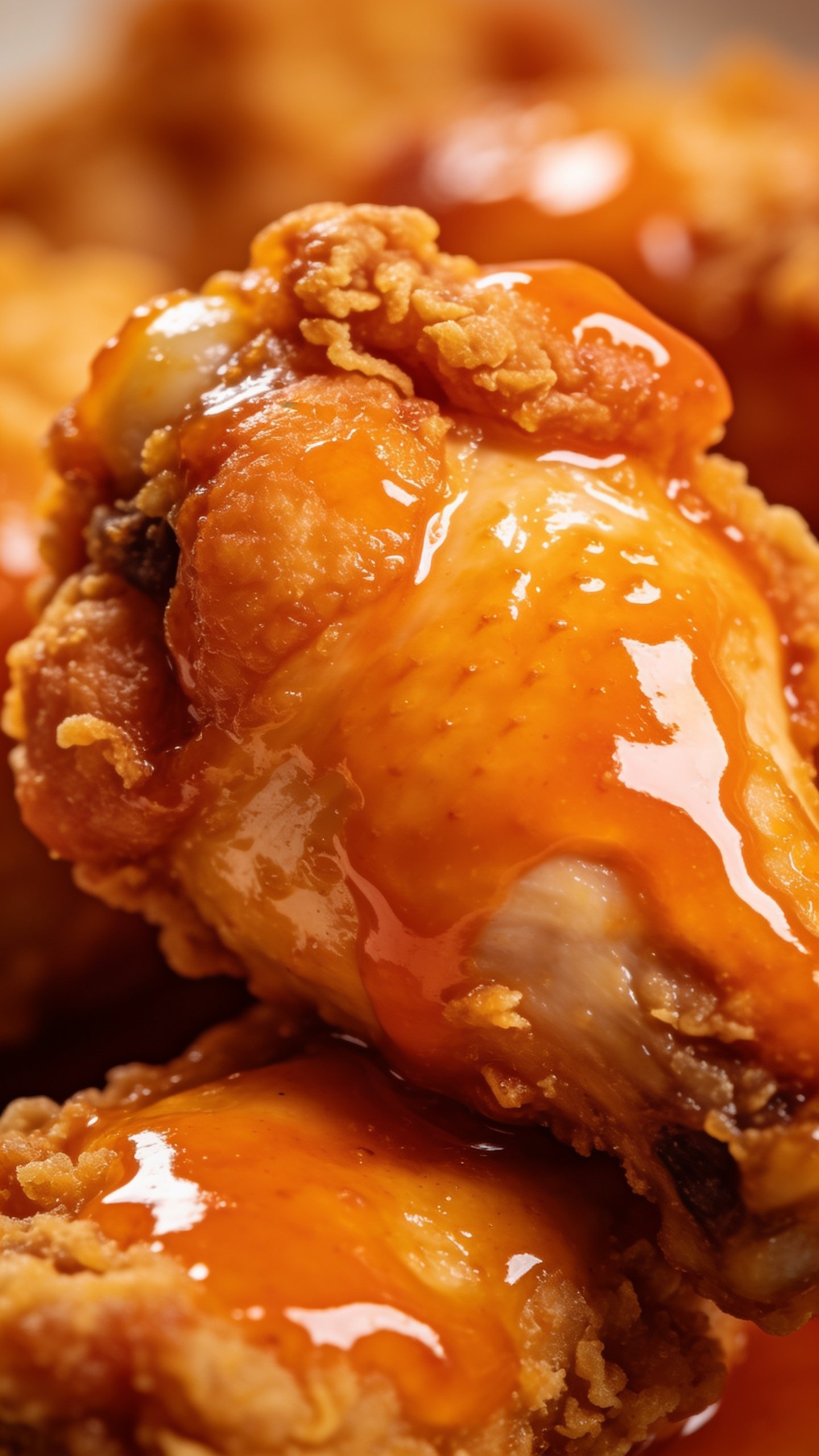 closeup of glossy orange chicken glaze on crispy chicken bite
