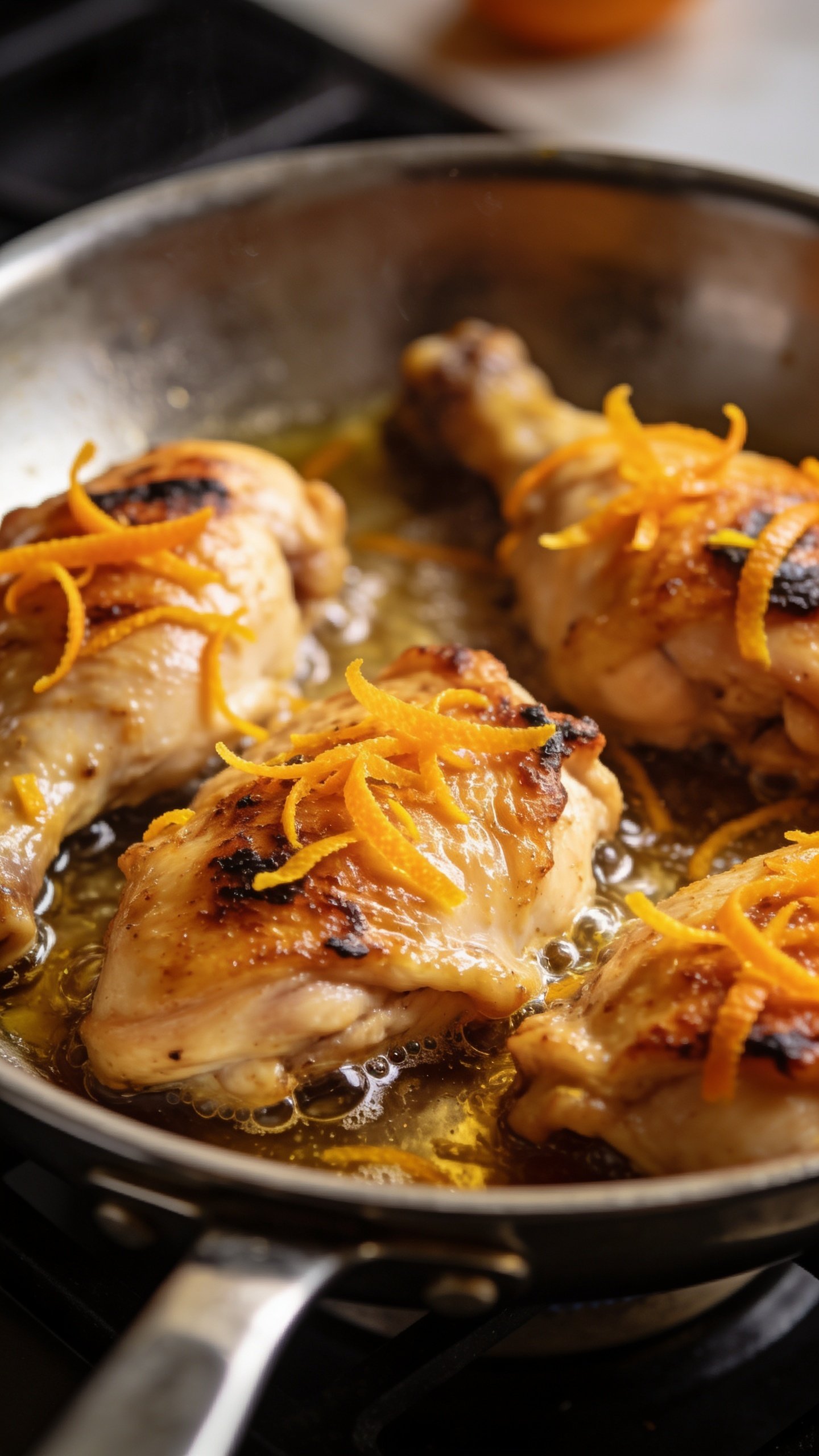 closeup of fresh orange zest over sizzling chicken in pan