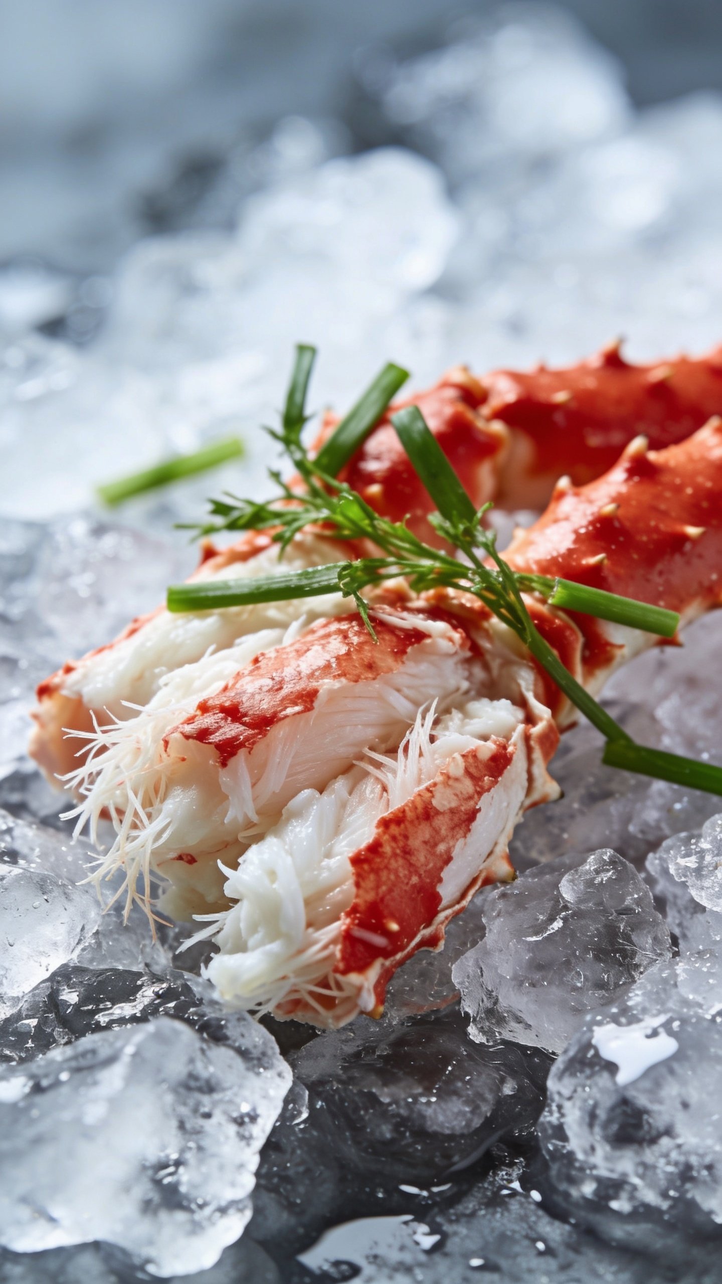 closeup of crab meat on ice with bright green garnish