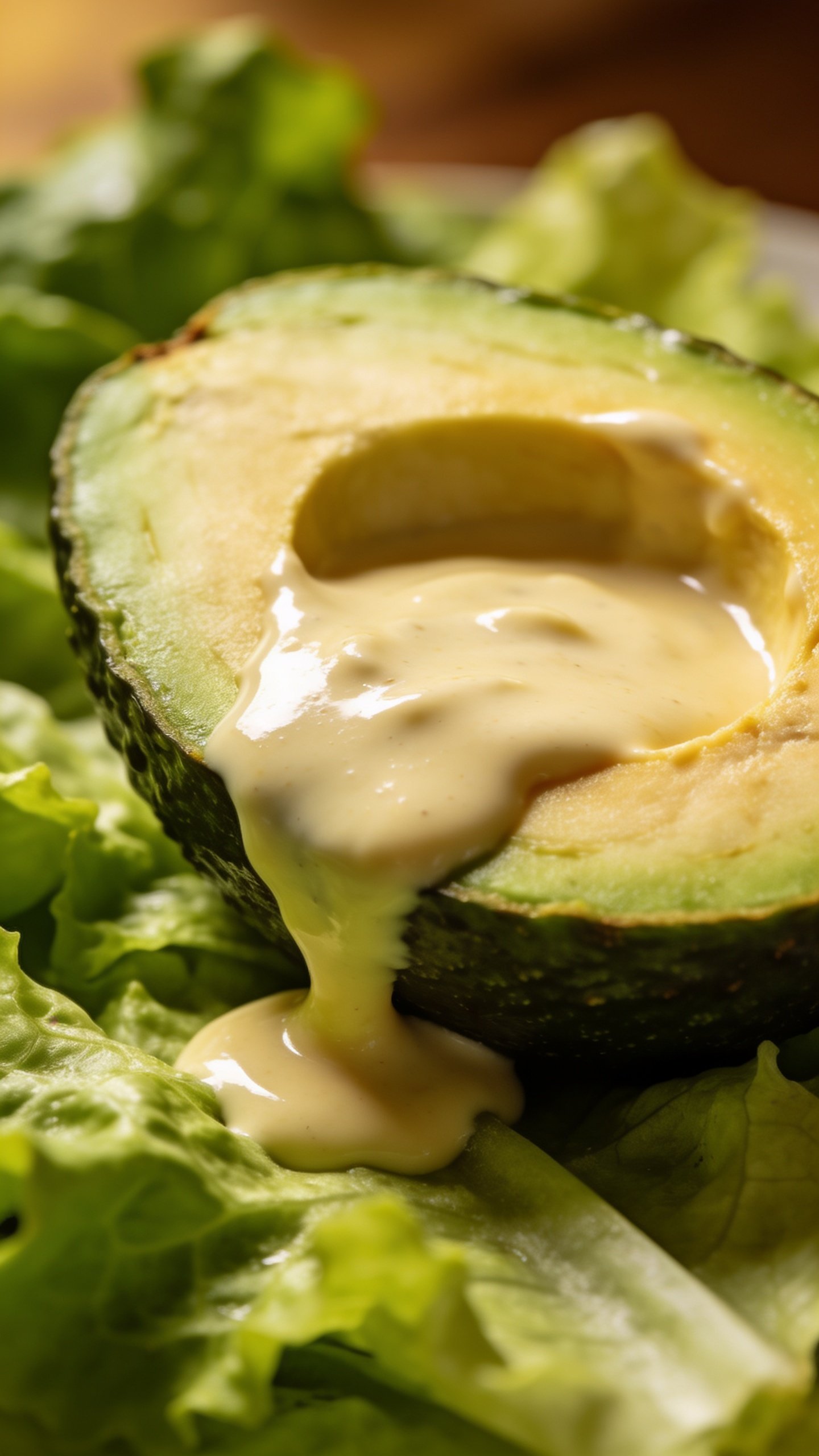 closeup of creamy dressing drizzle over avocado half on crisp greens