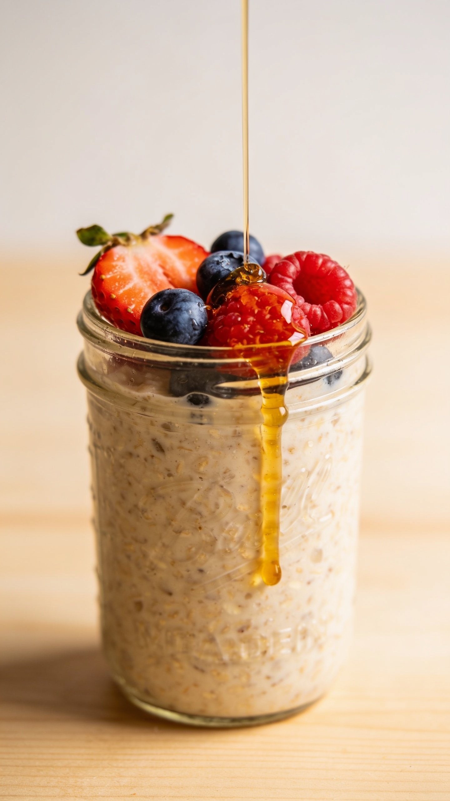 closeup of a single jar topped with fresh berries and a drizzle of maple syrup