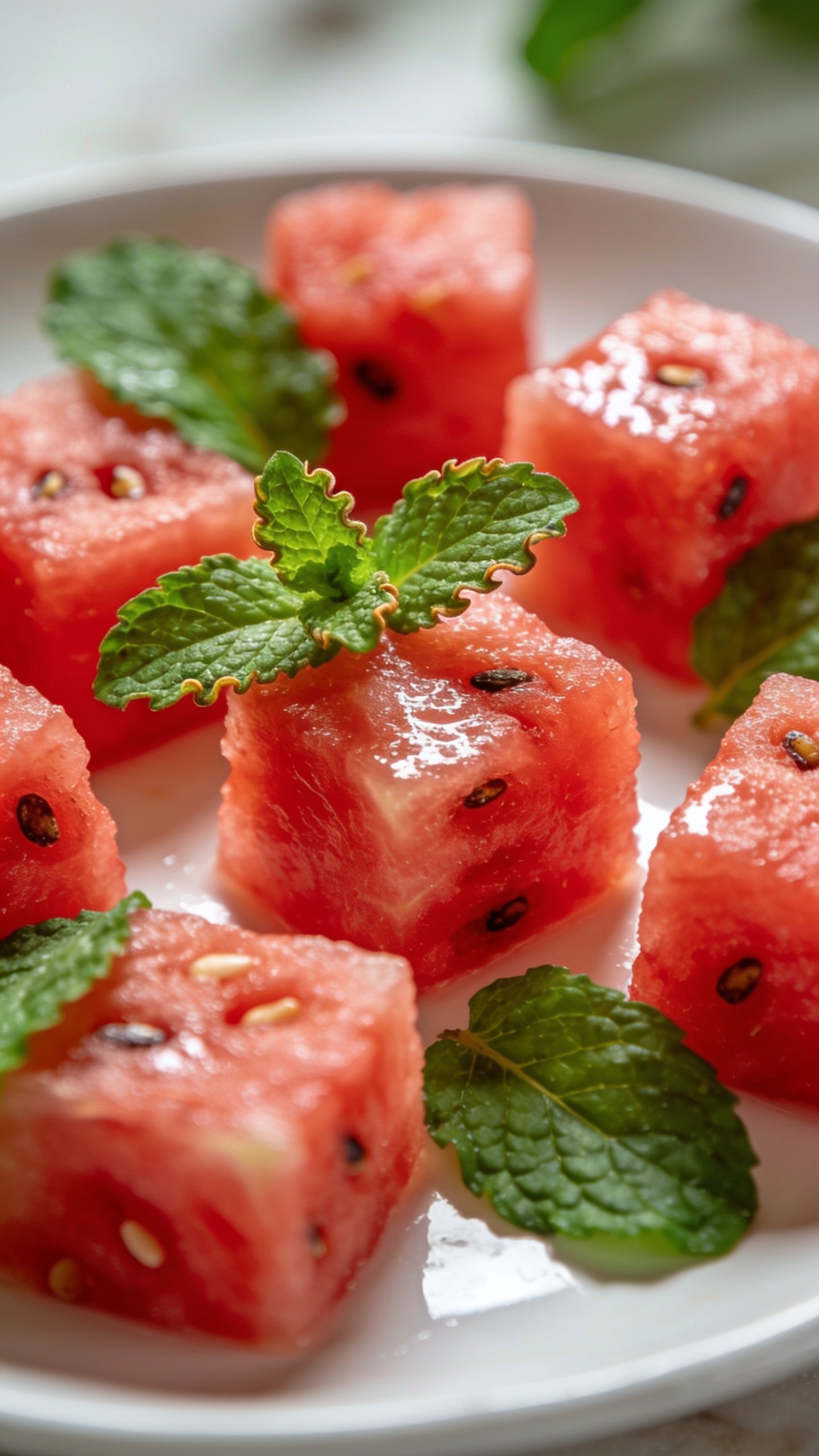 closeup of watermelon cubes with mint accent on white plate
