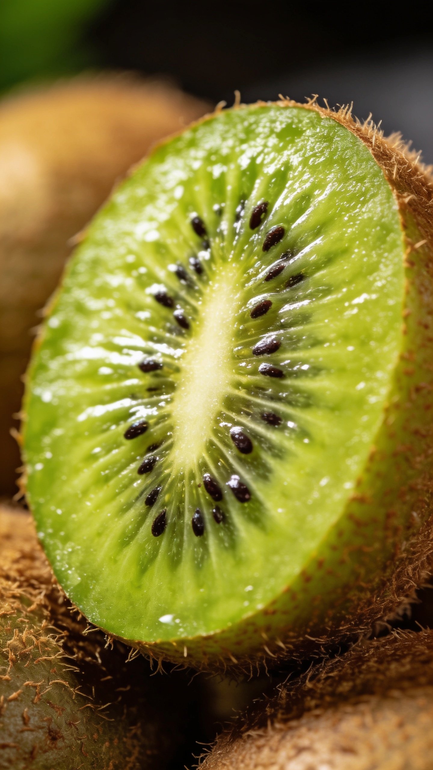 closeup of kiwi half revealing bright green flesh