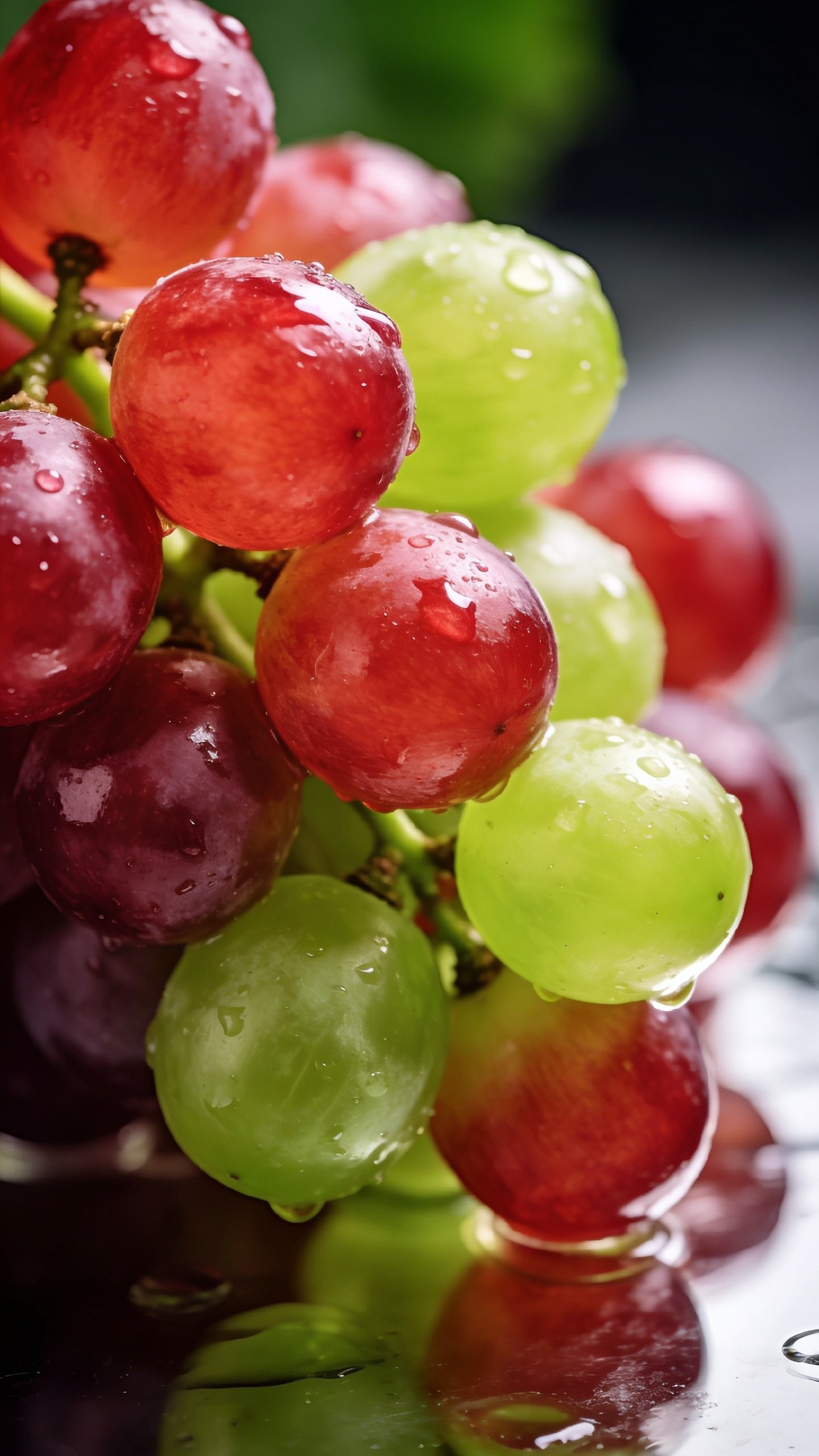 closeup of red and green grapes on reflective surface