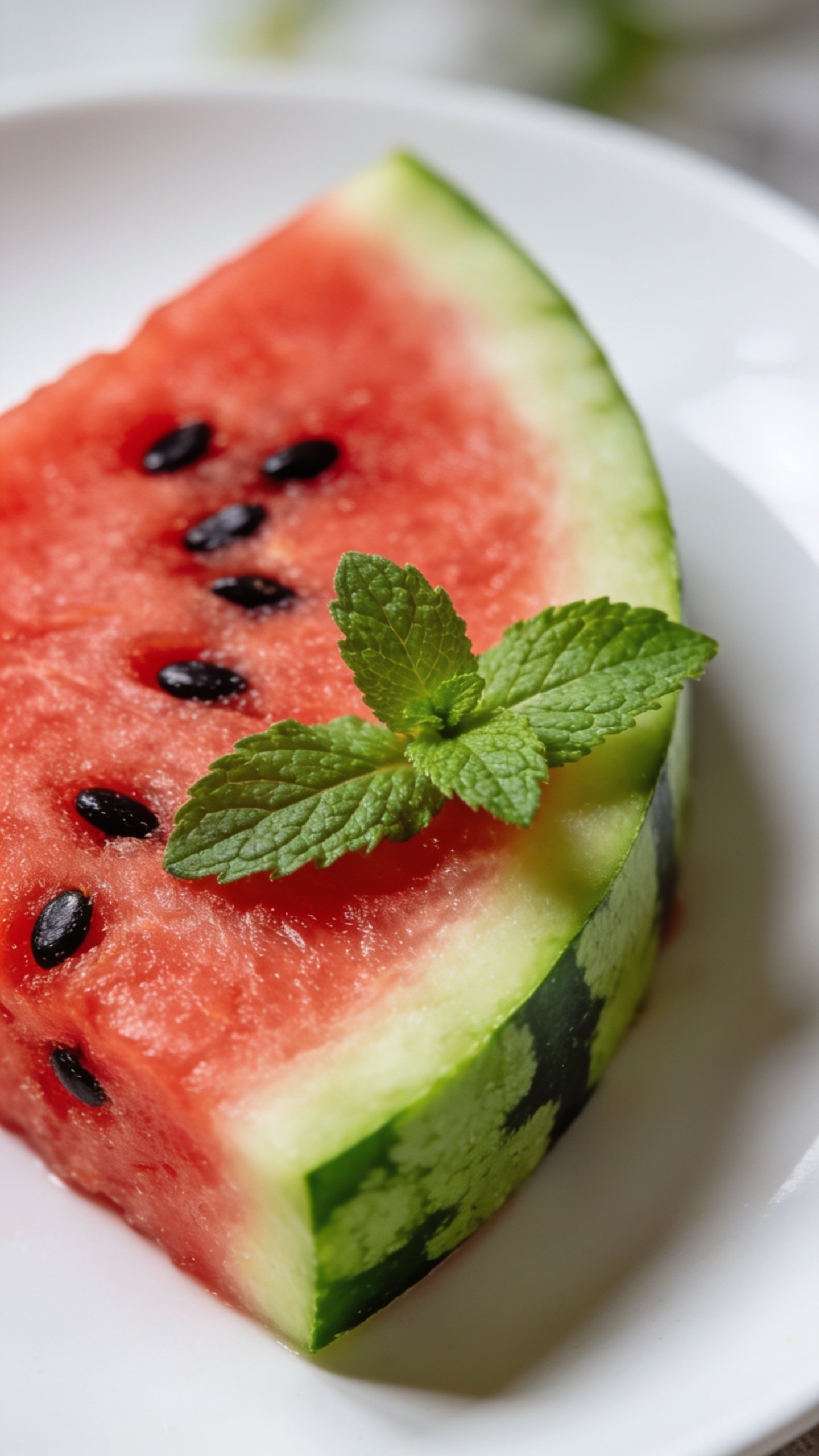 Closeup of a single watermelon wedge with mint sprig garnish on white plate