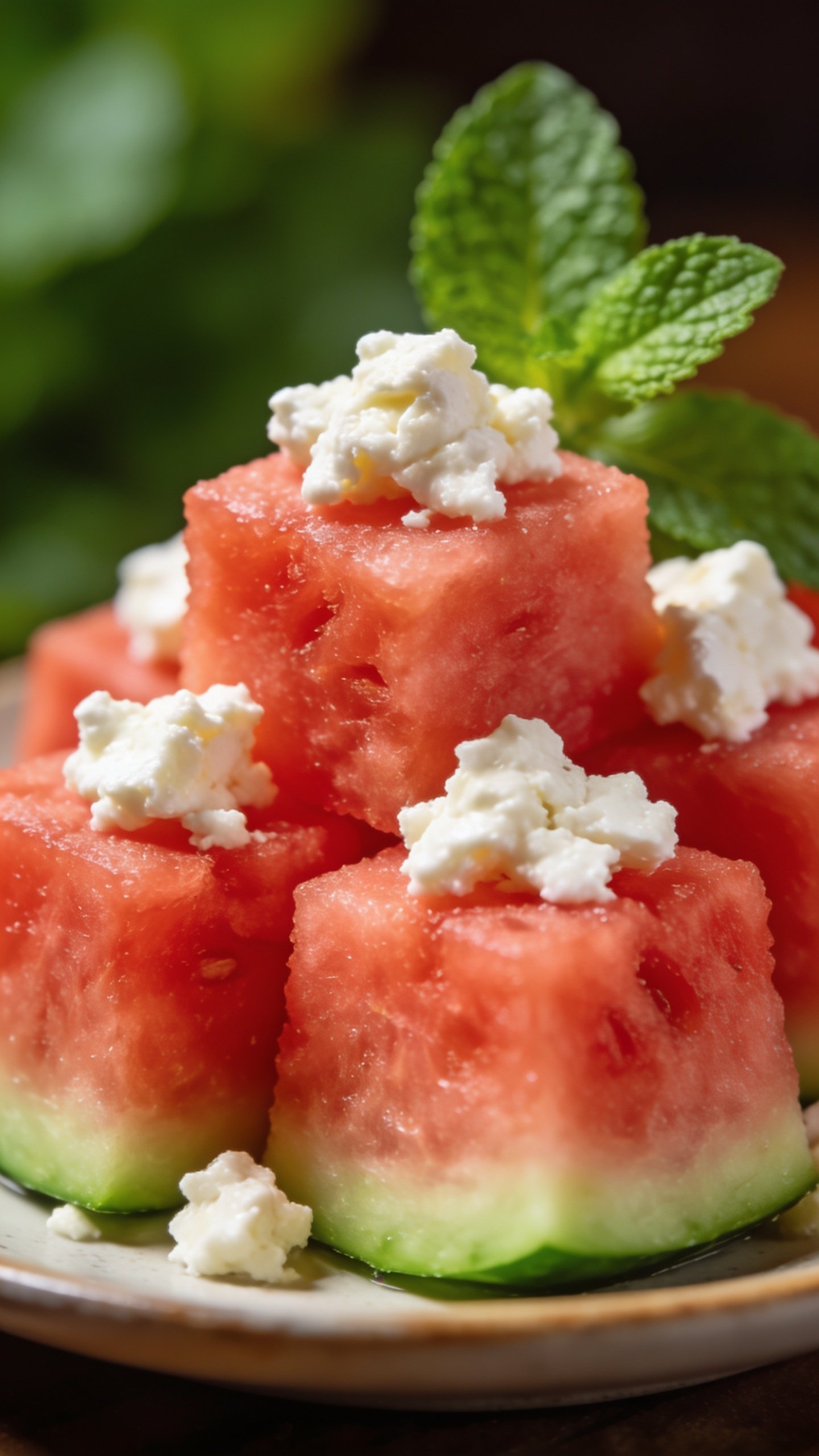 Closeup of soft goat cheese crumbles atop watermelon cubes, mint background