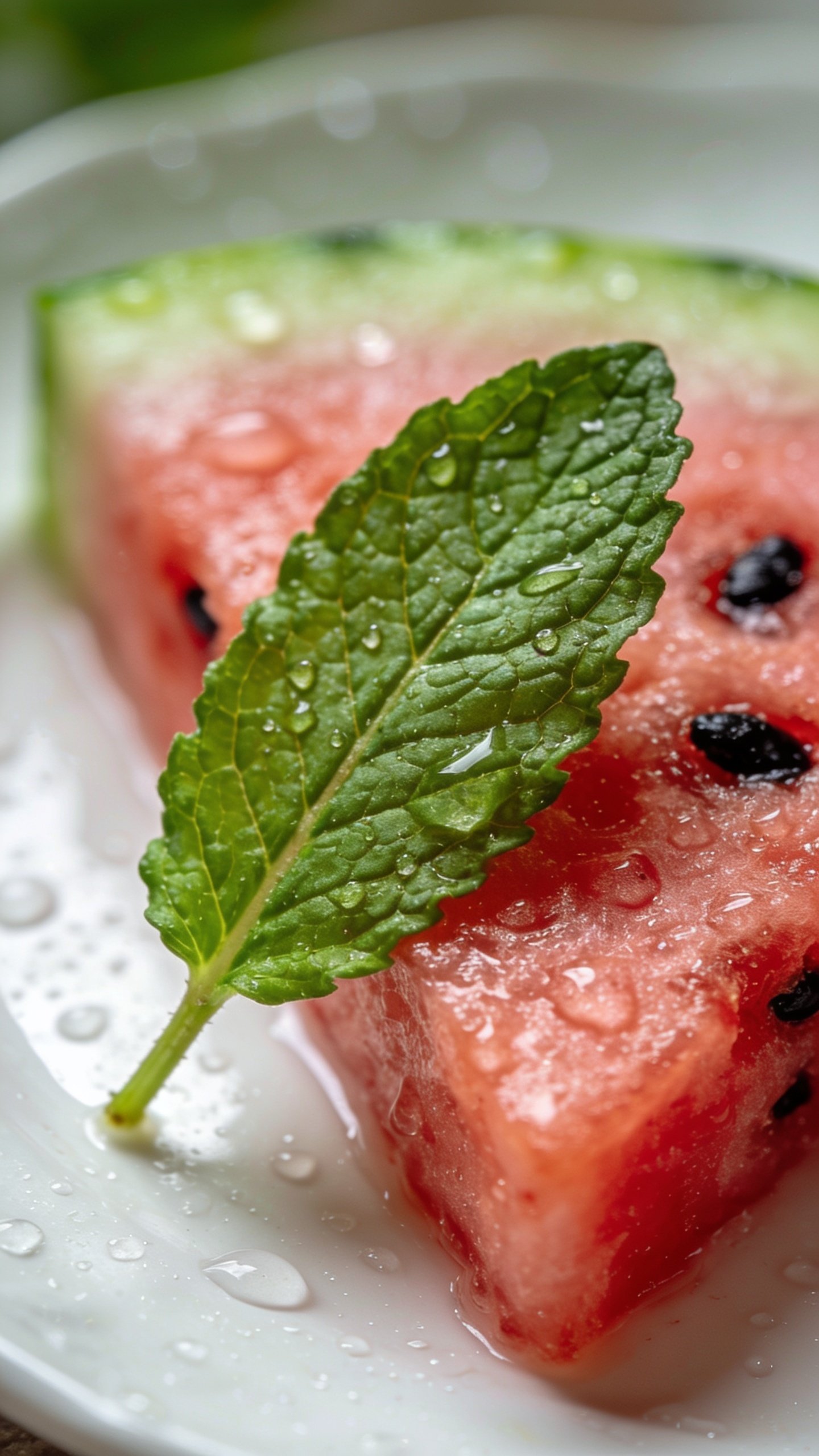 Closeup of a single mint leaf resting on watermelon slice with droplets on plate