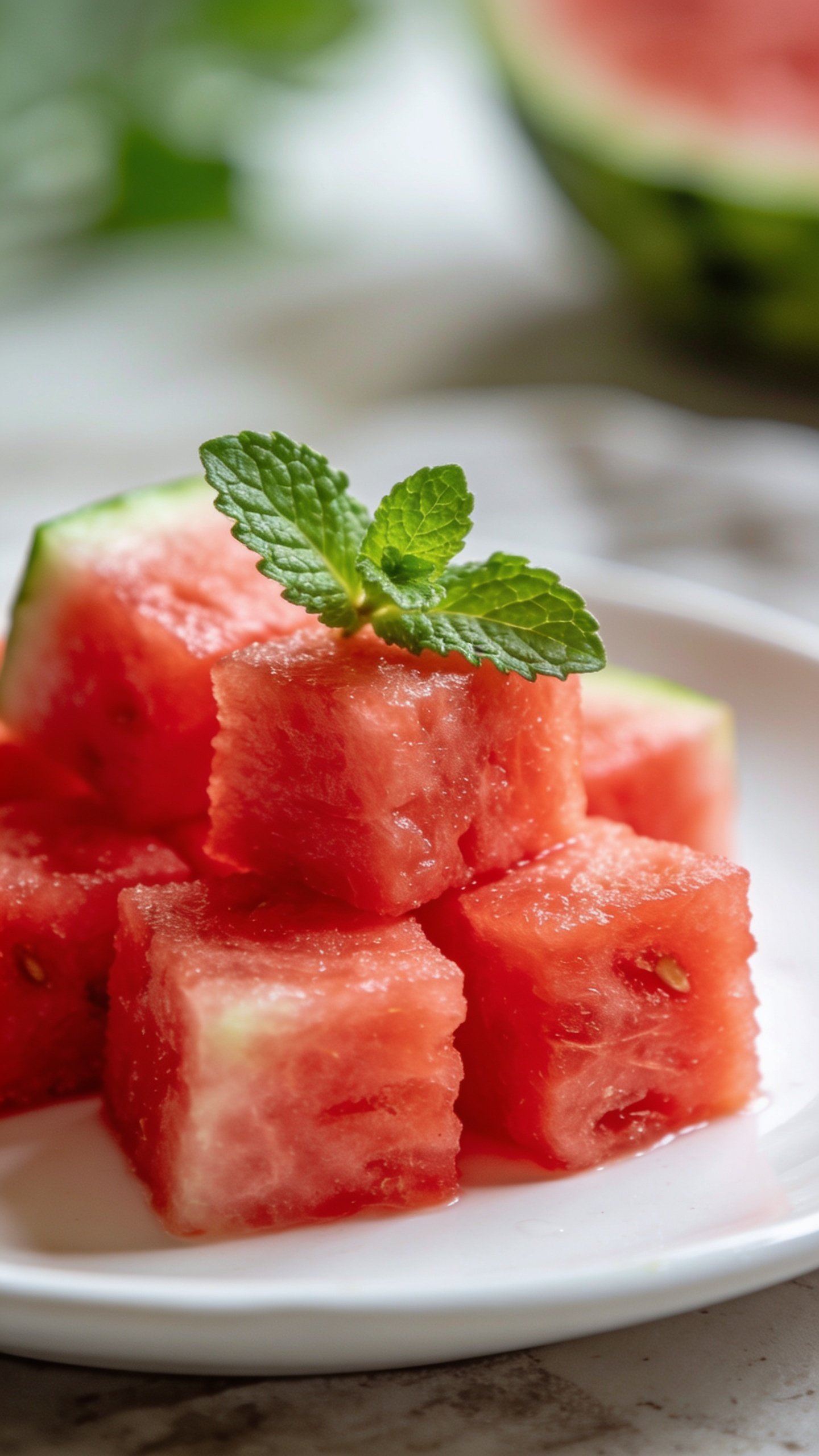 Closeup watermelon cubes with mint sprig on white plate