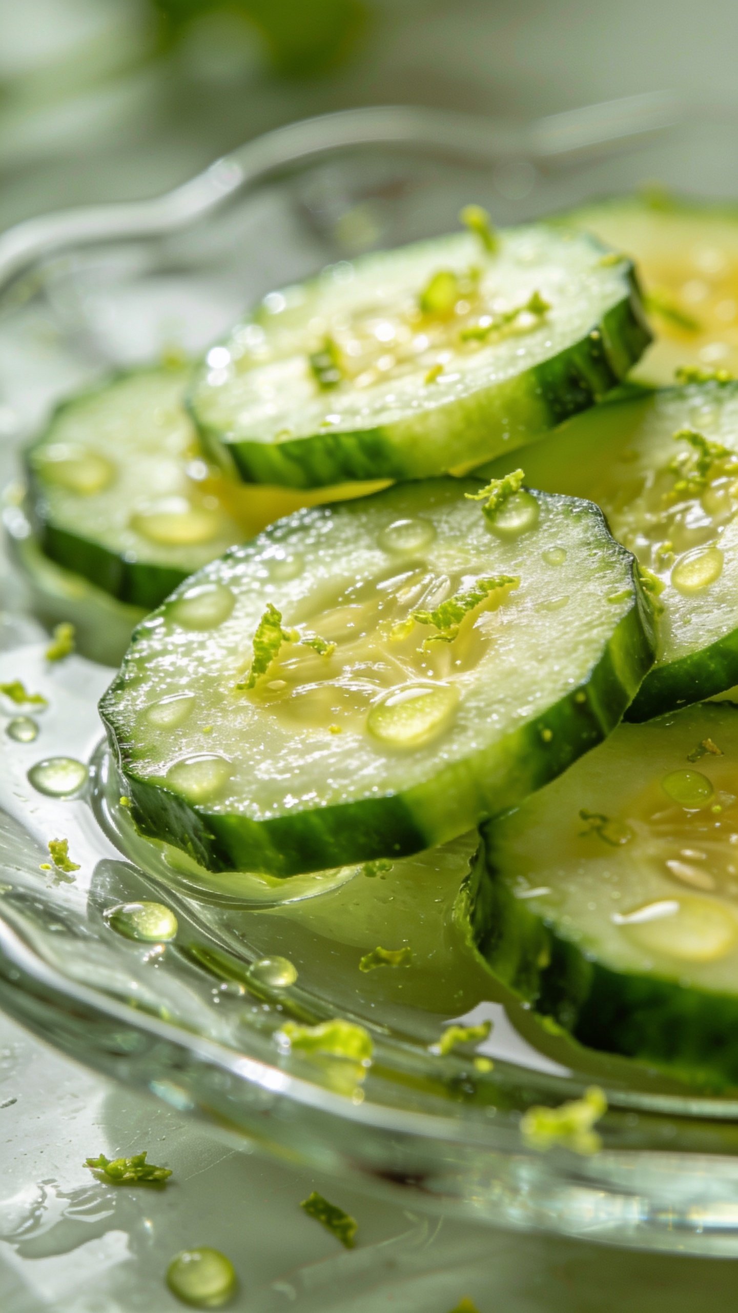 Closeup cucumber slices with lime zest droplets on glass dish