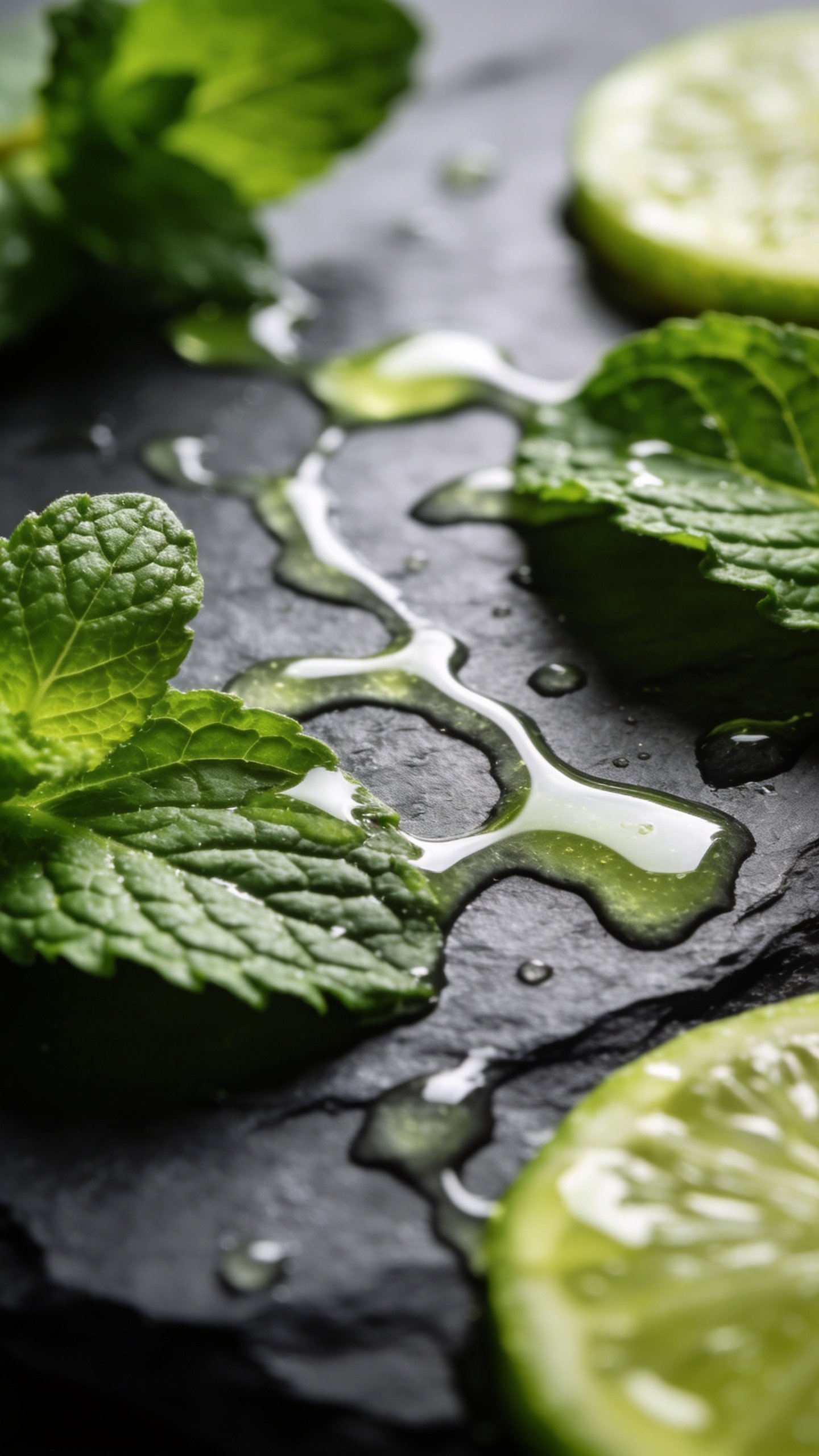 Closeup mint leaves with lime juice drizzle on dark slate background