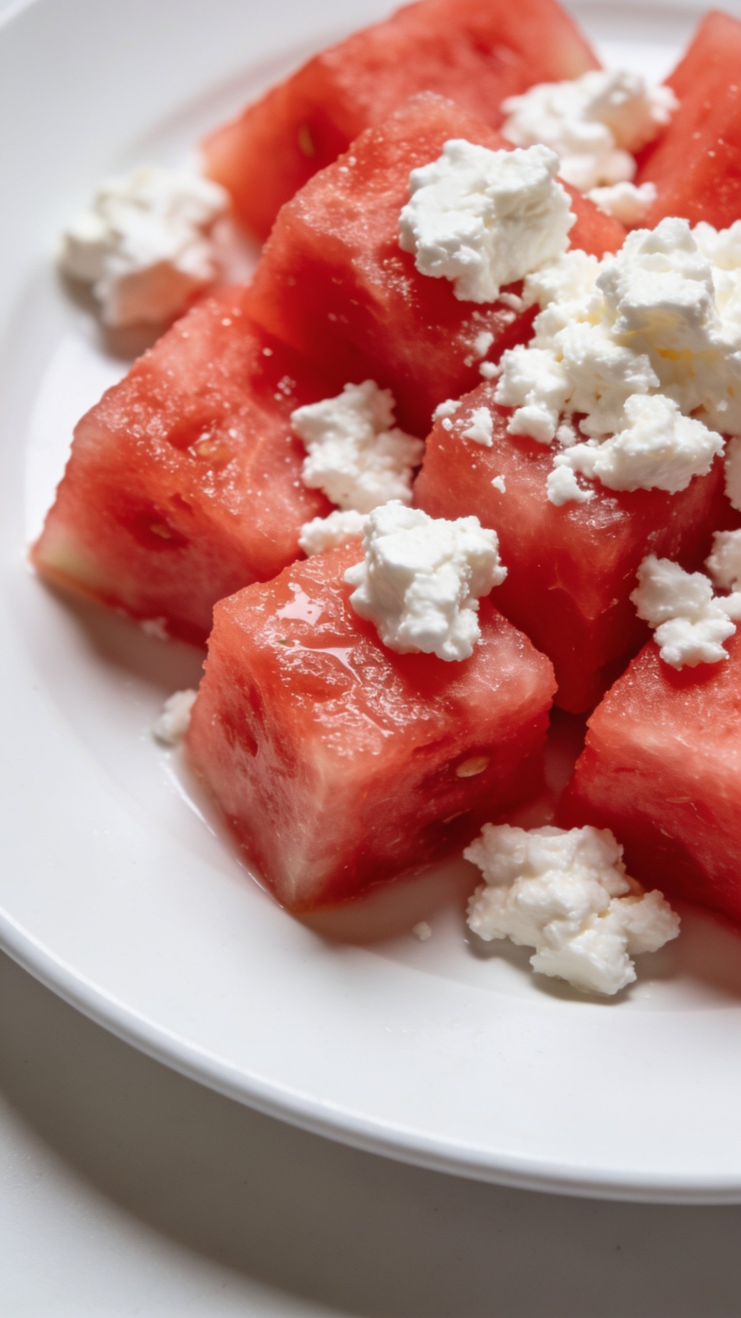 Closeup of watermelon chunks with feta on white plate