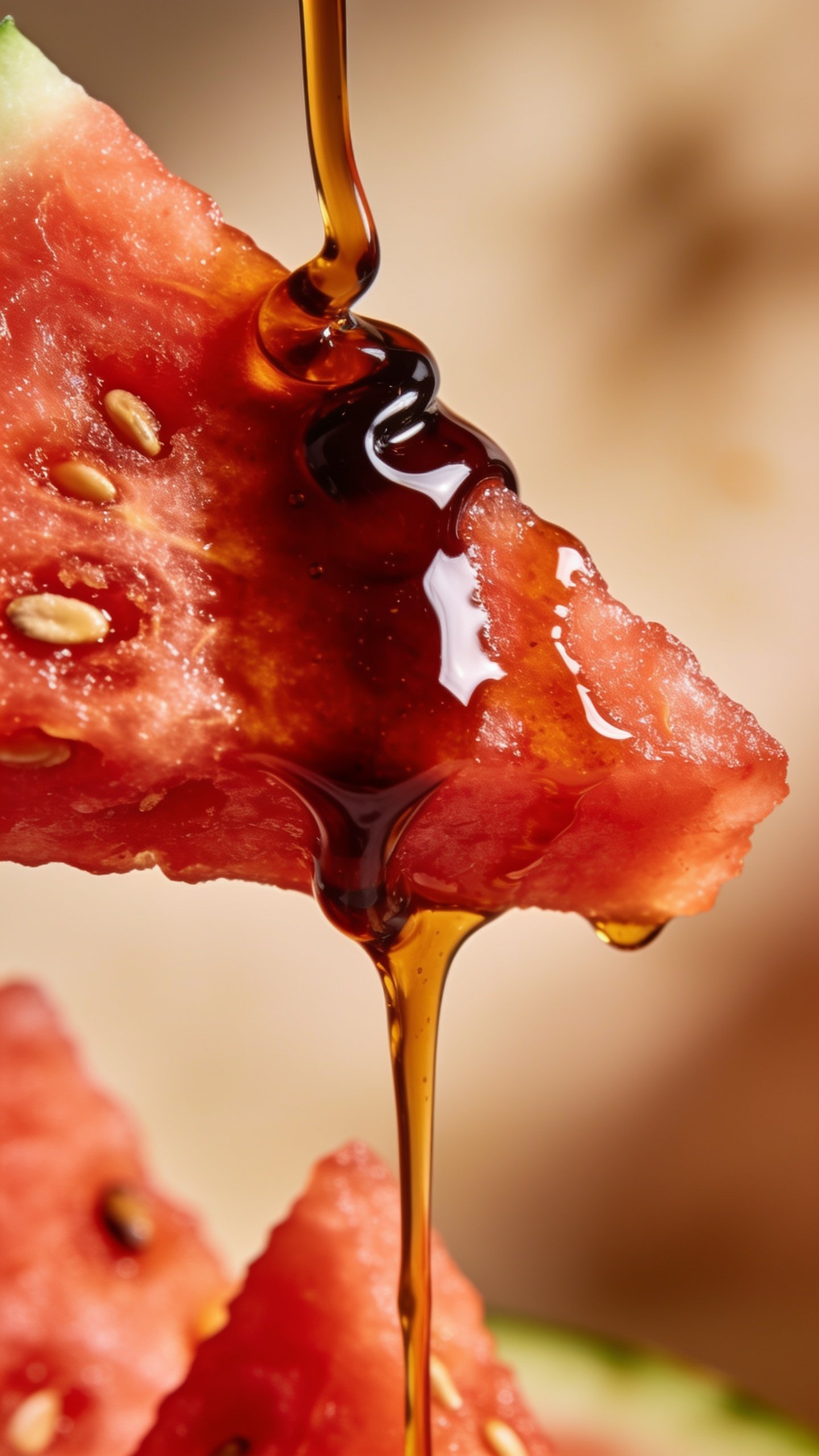 Closeup of balsamic glaze drizzle on watermelon slice