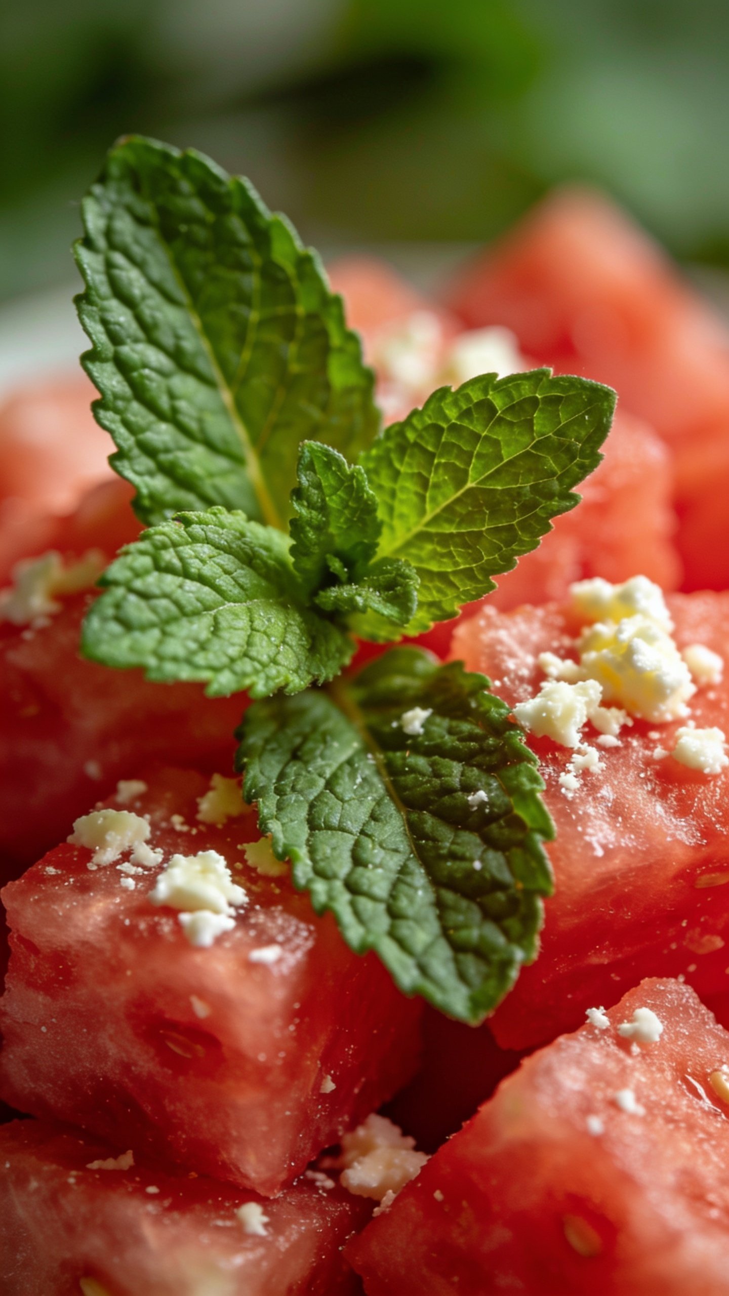 Closeup of mint leaves atop watermelon cubes with cheese sprinkle