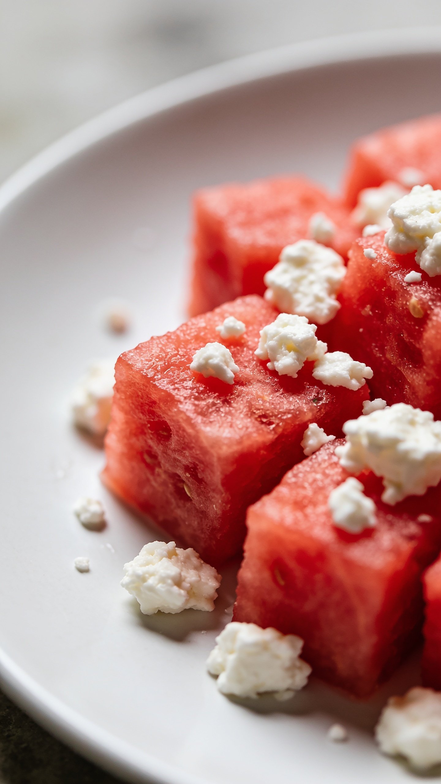 closeup of watermelon flesh cubes with feta crumble on white plate