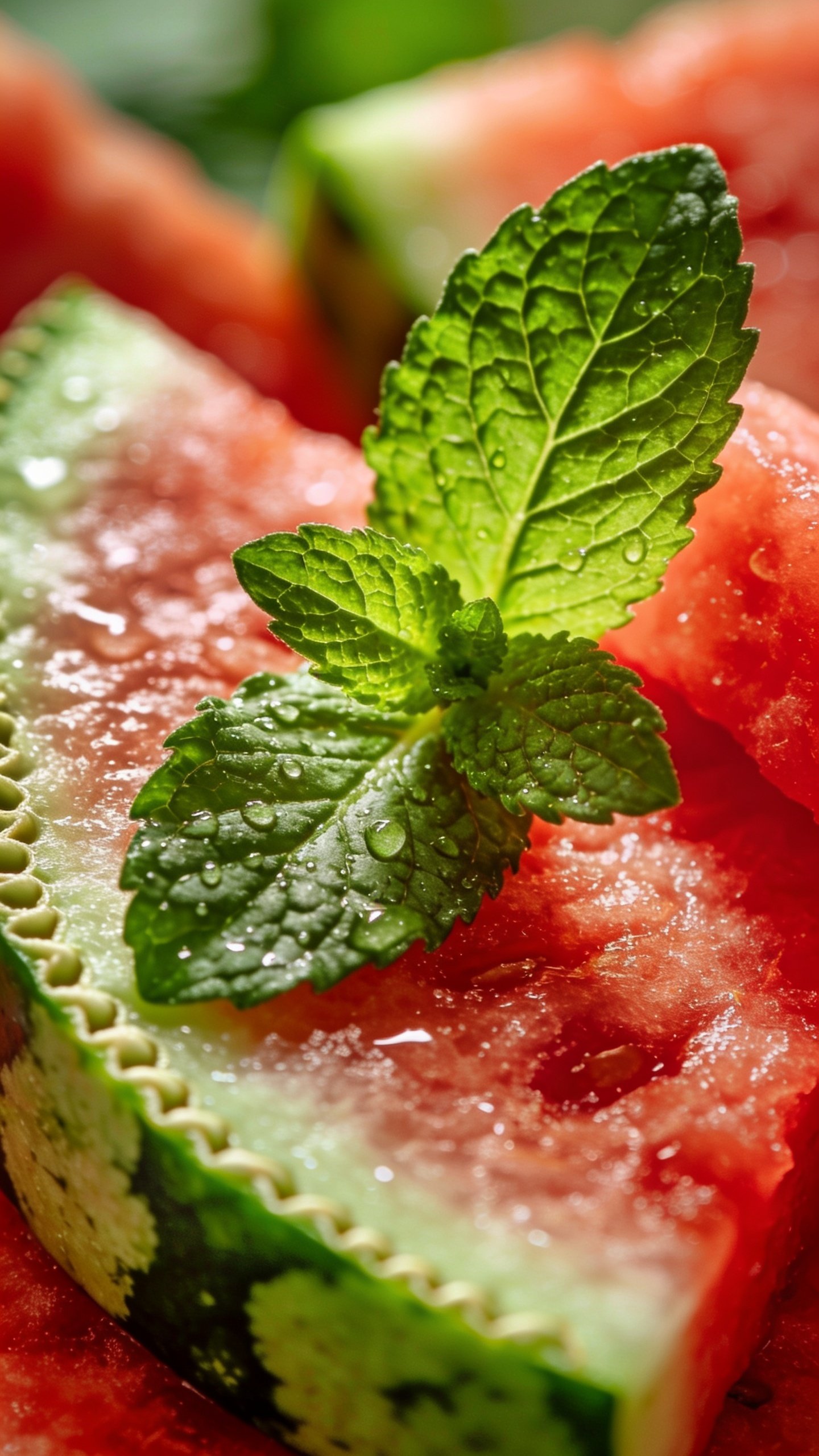 closeup of fresh mint leaves atop watermelon slices, single leaf focus
