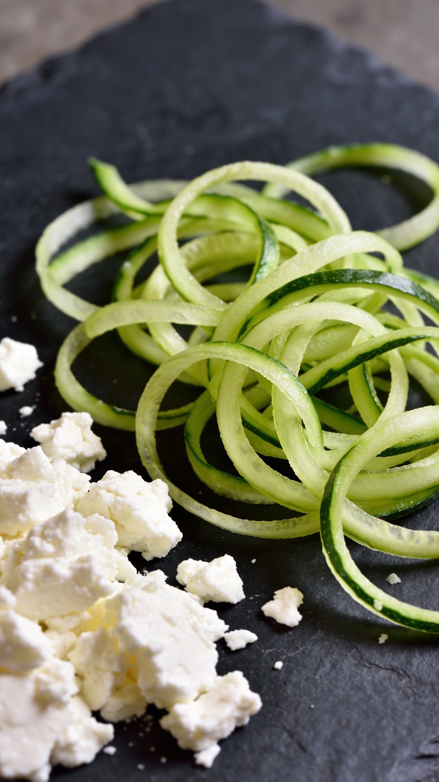 closeup of cucumber ribbon threads beside feta crumbles on dark slate