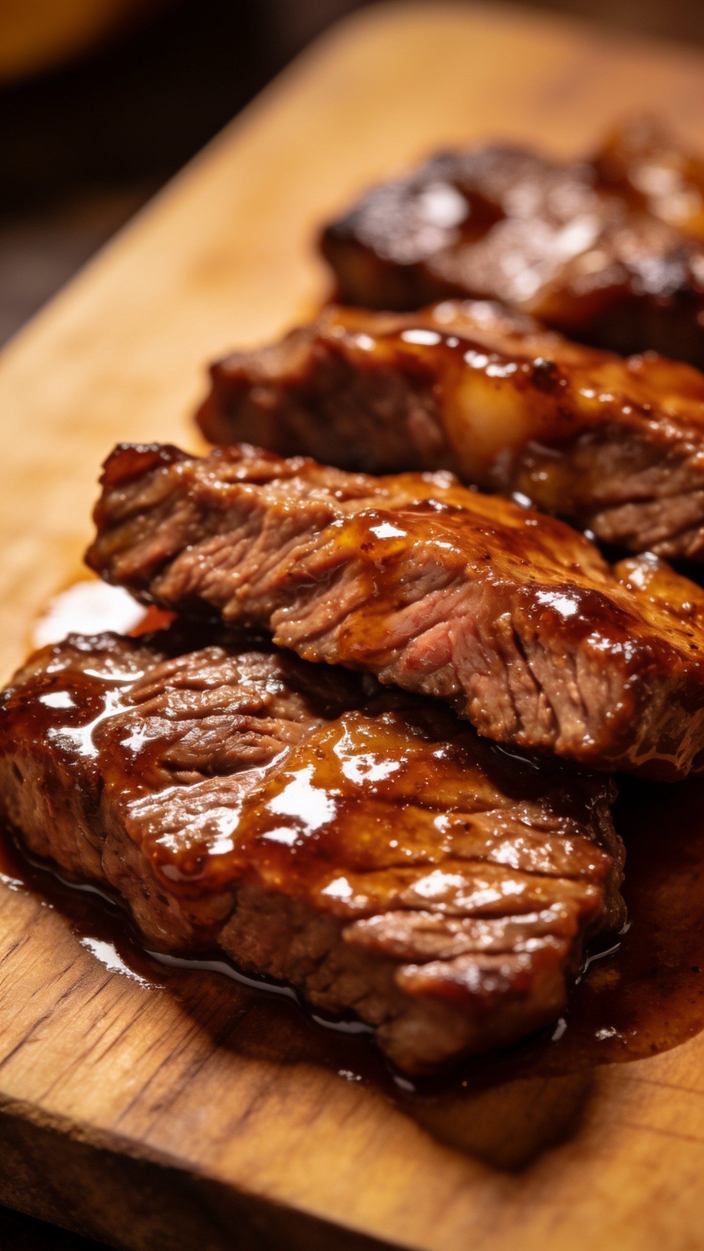 Closeup of glazed beef slices on cutting board, glossy sweet-smoky sauce glaze