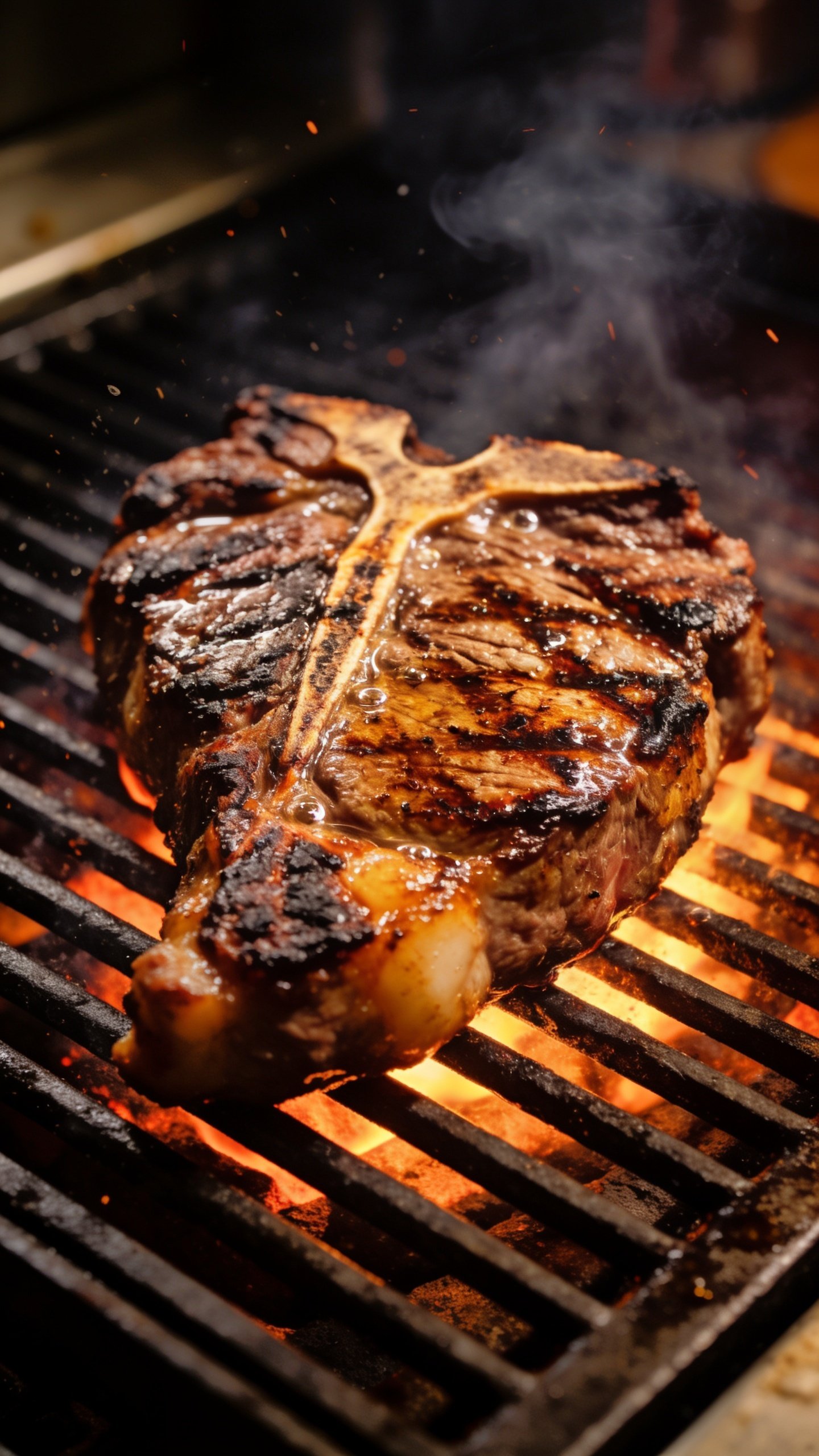 Closeup of a single ribeye steak searing on grill grates, visible char marks