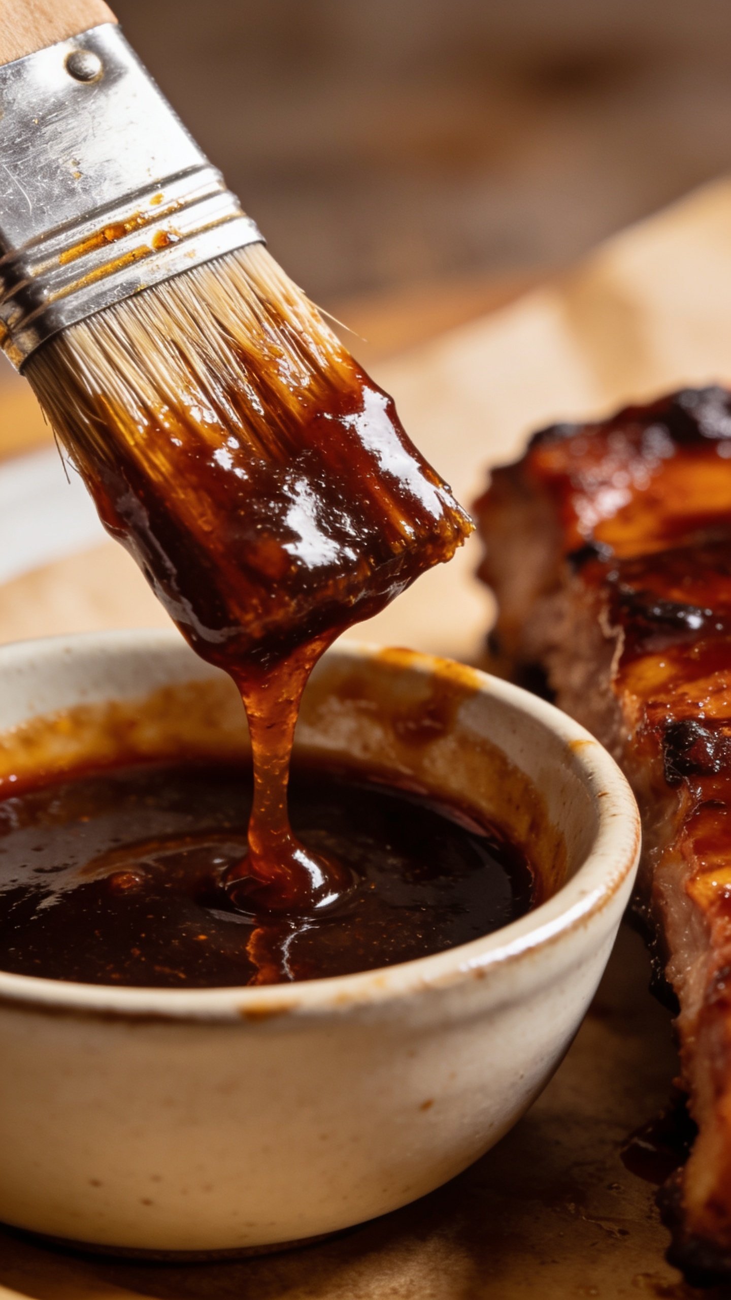 Closeup of a small bowl of dark, caramelized BBQ sauce with a paintbrush applying glaze to meat