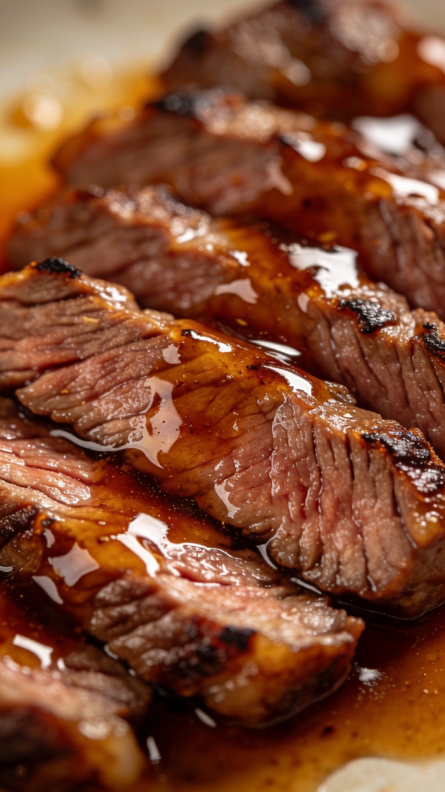 closeup of glossy teriyaki beef glaze on thinly sliced flank steak
