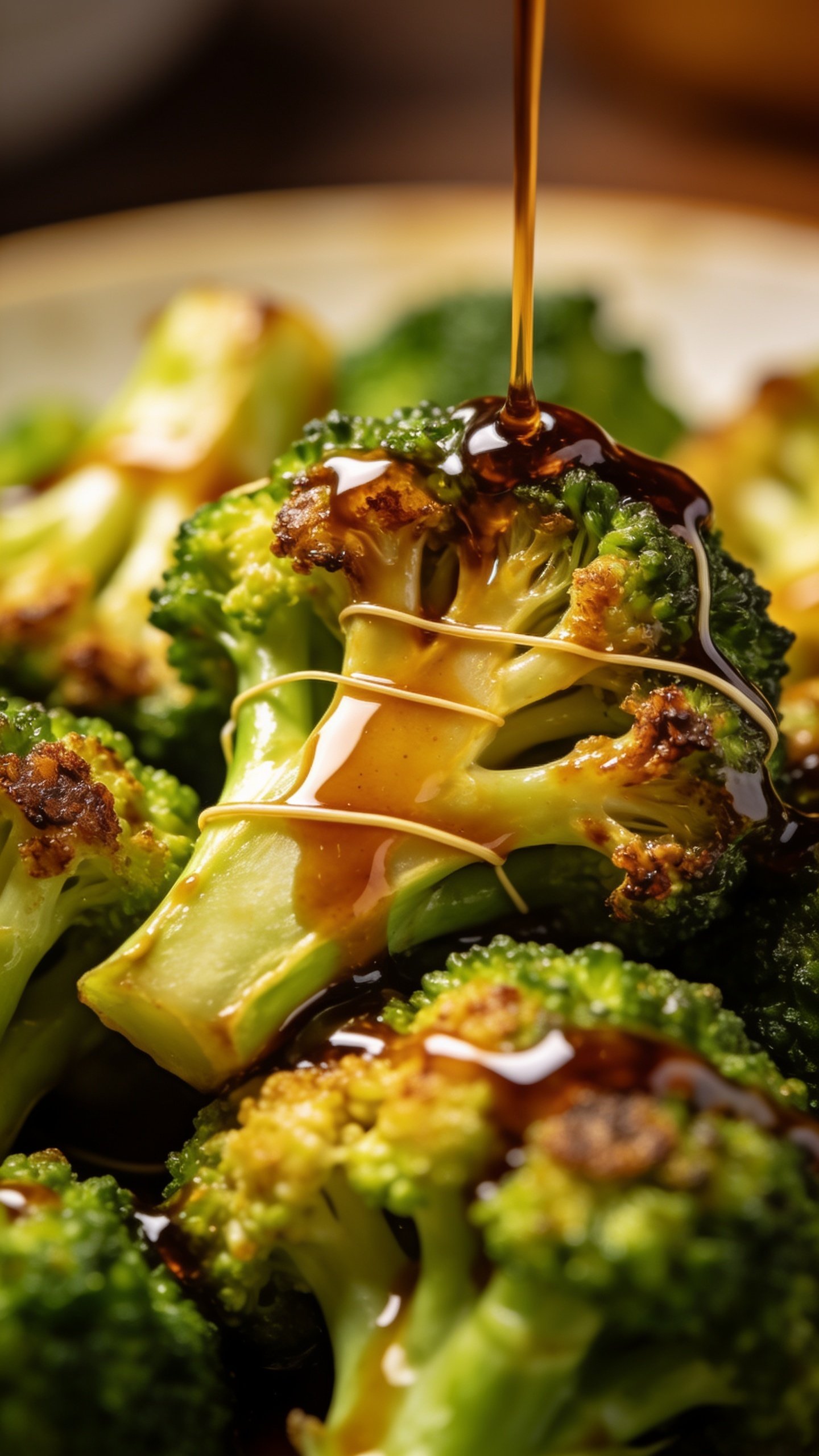 closeup of crisp-tender broccoli florets with teriyaki sauce drizzle
