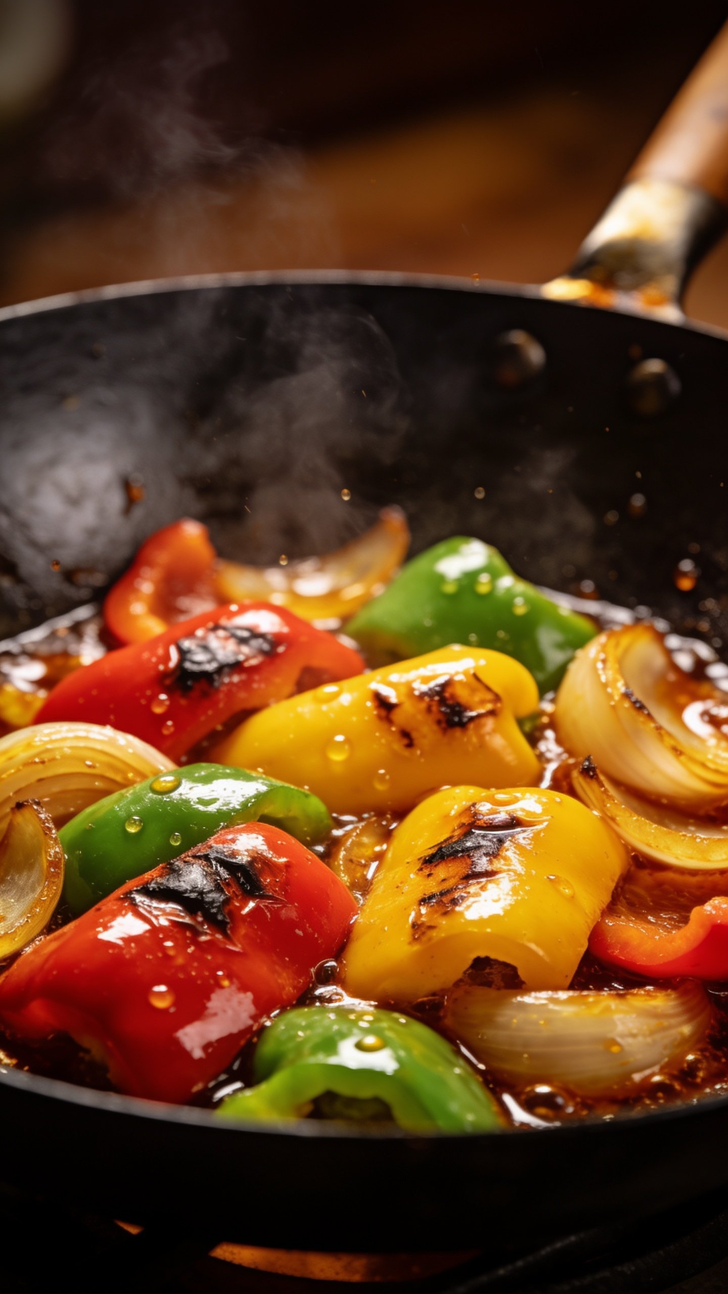 closeup of colorful bell peppers and onions sizzling in a wok glaze