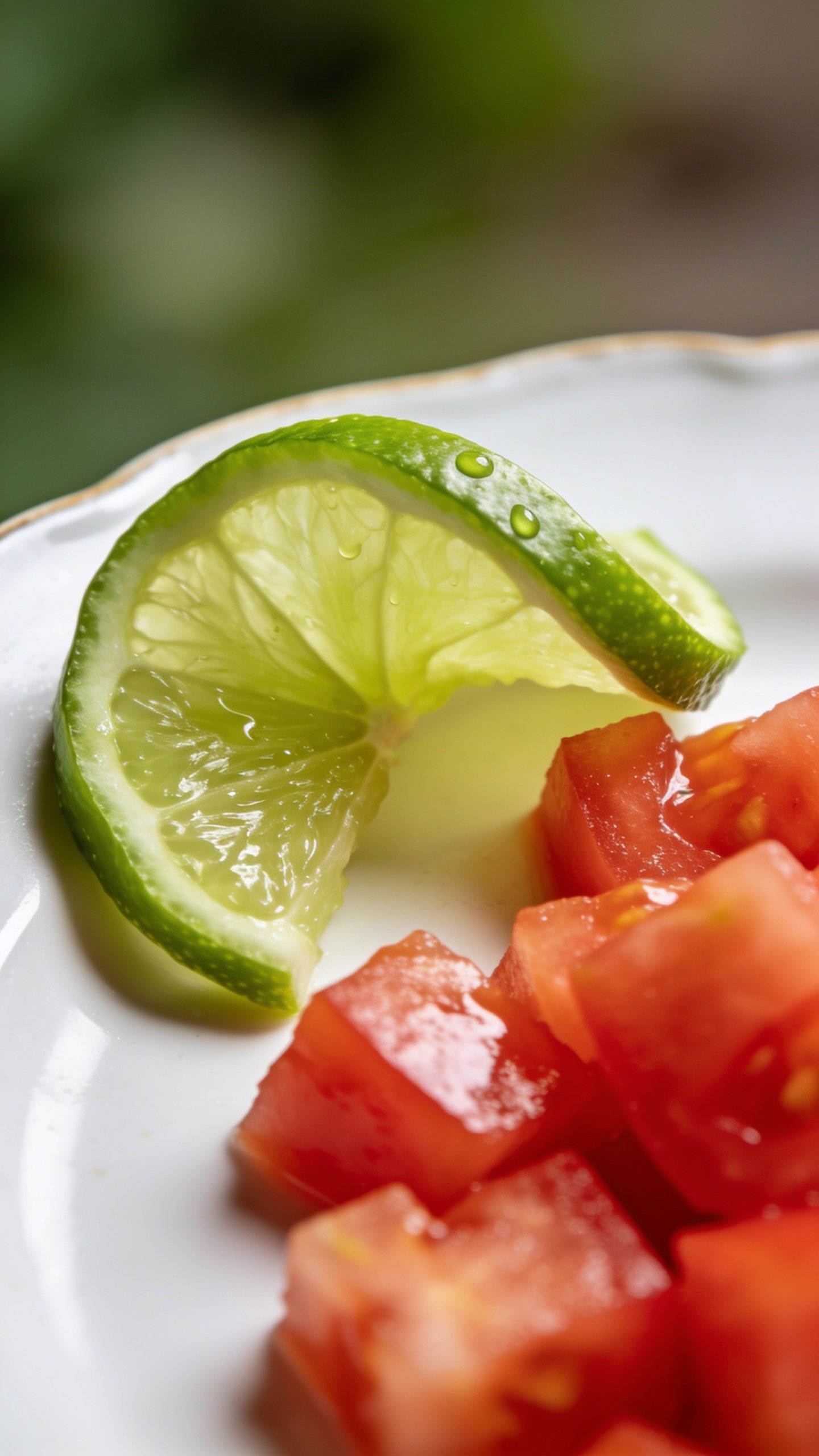 Closeup of a lime wedge and diced tomatoes on a white plate
